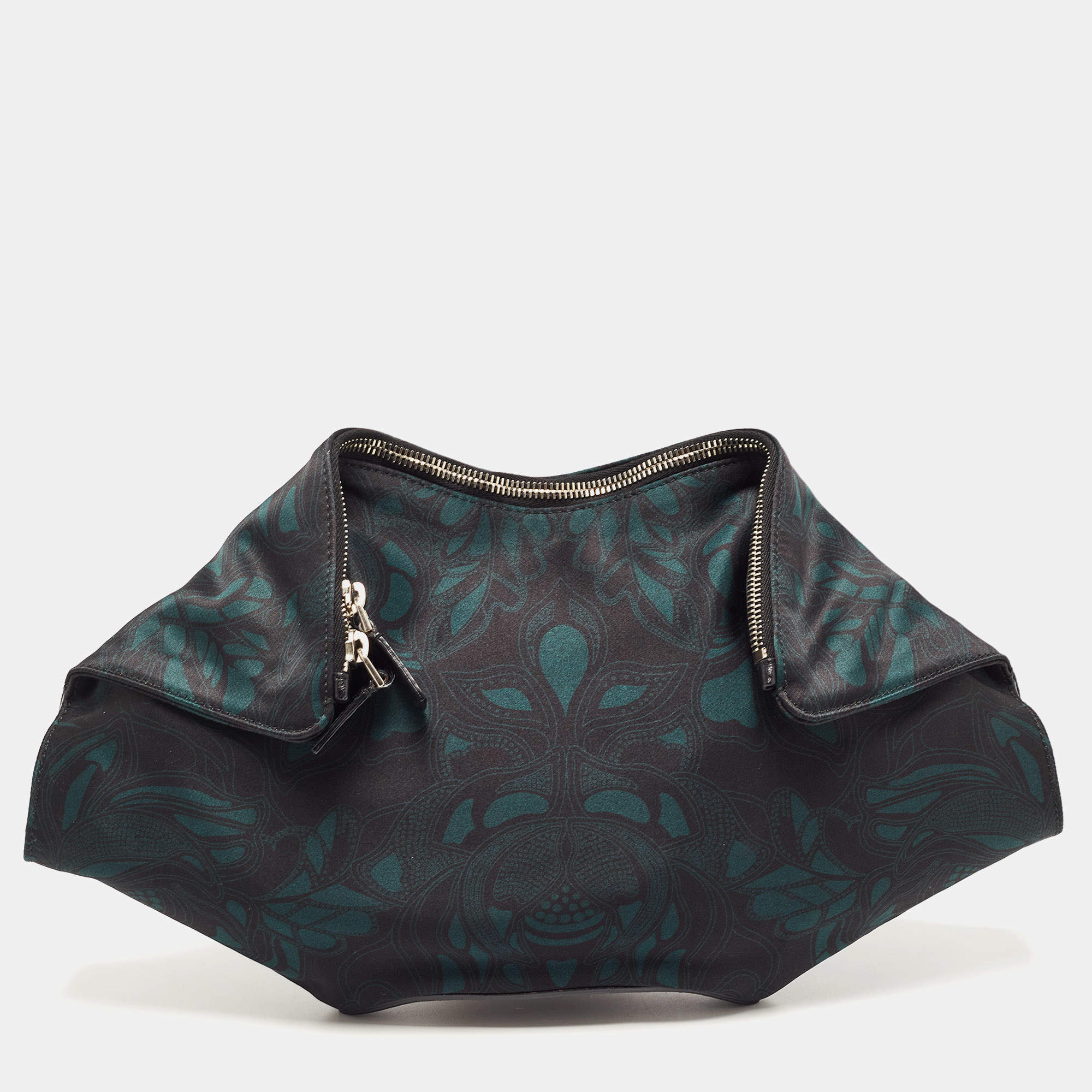 Pre Owned Alexander McQueen Black/Green Printed Satin and Leather De Manta Clutch