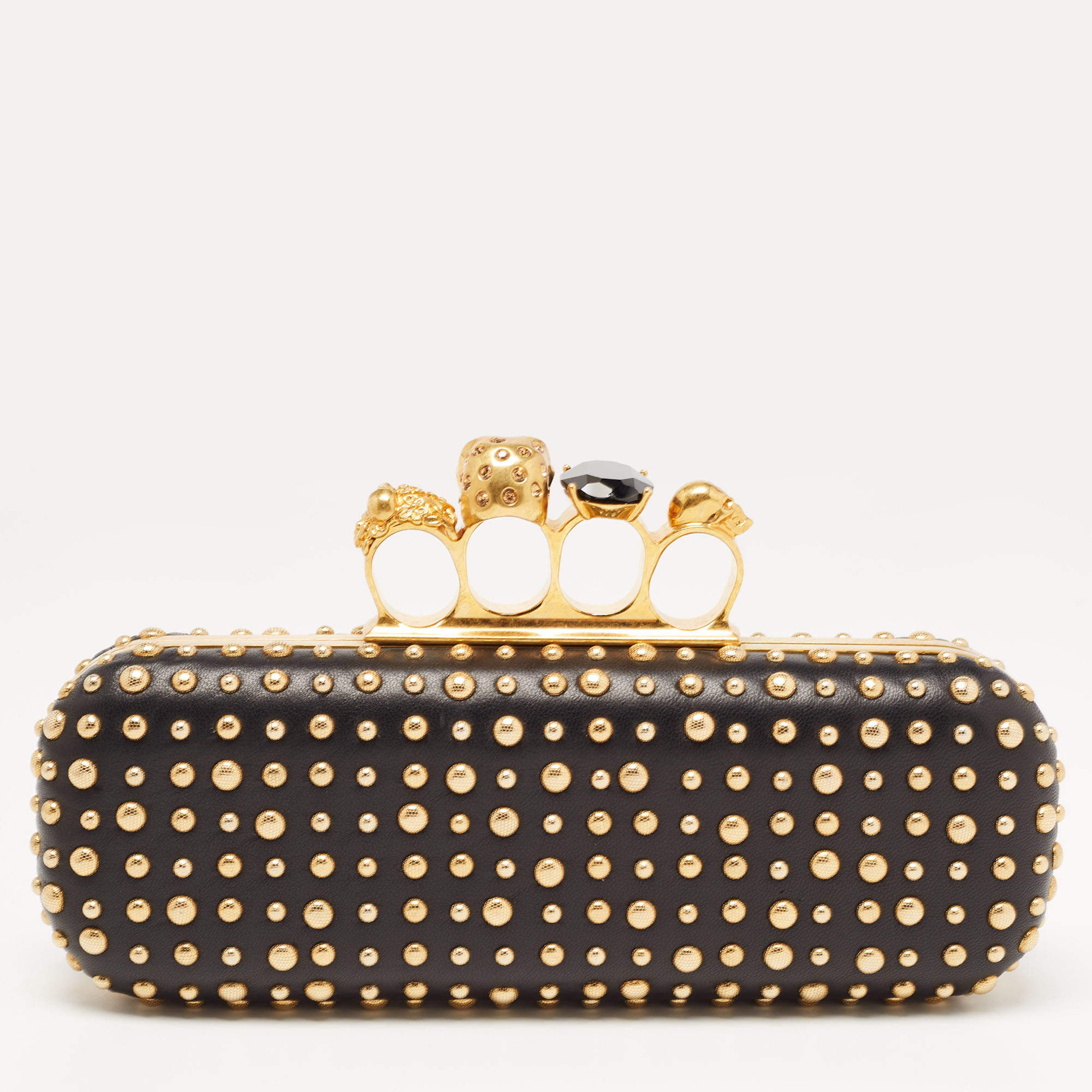 Pre Owned Alexander McQueen Black/Gold Leather Studded Four Ring Knuckle Clutch