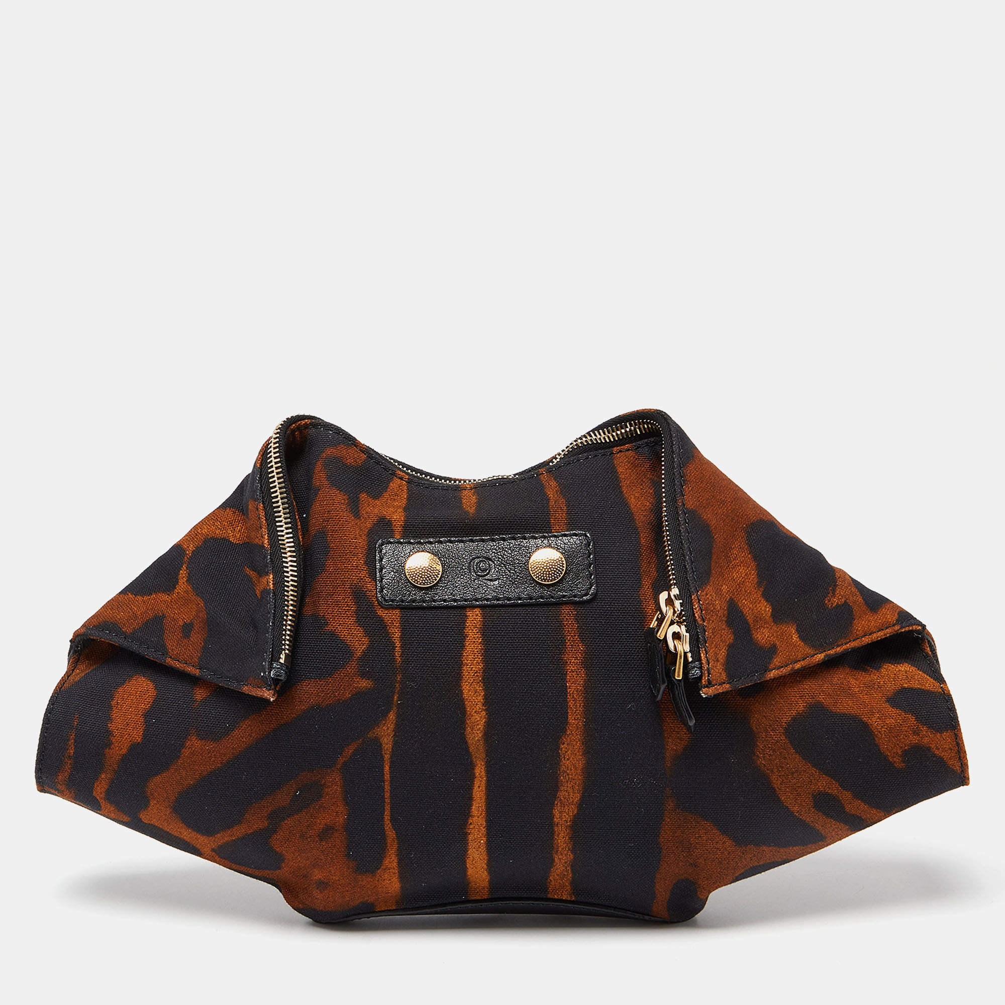 Pre Owned Alexander McQueen Black/Brown Leopard Print Canvas and Leather Medium De Manta Clutch