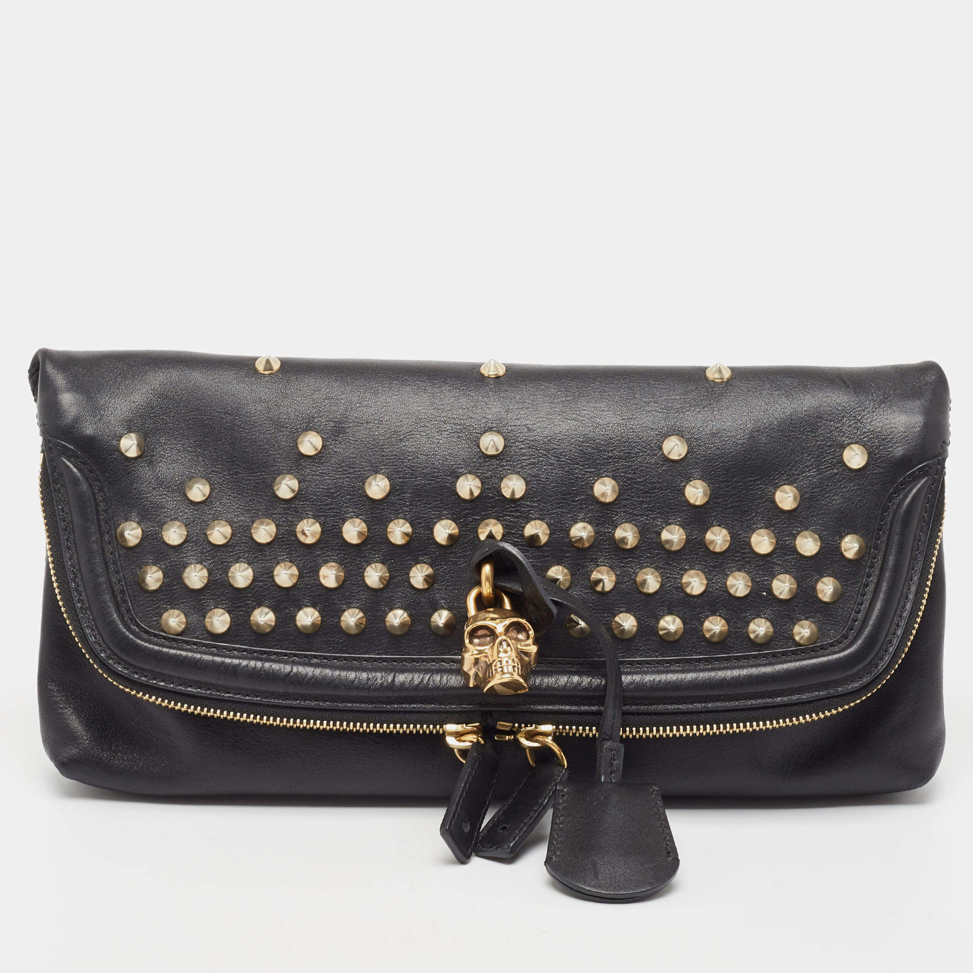 Pre Owned Alexander McQueen Black Leather Studded Skull Padlock Fold Over Clutch
