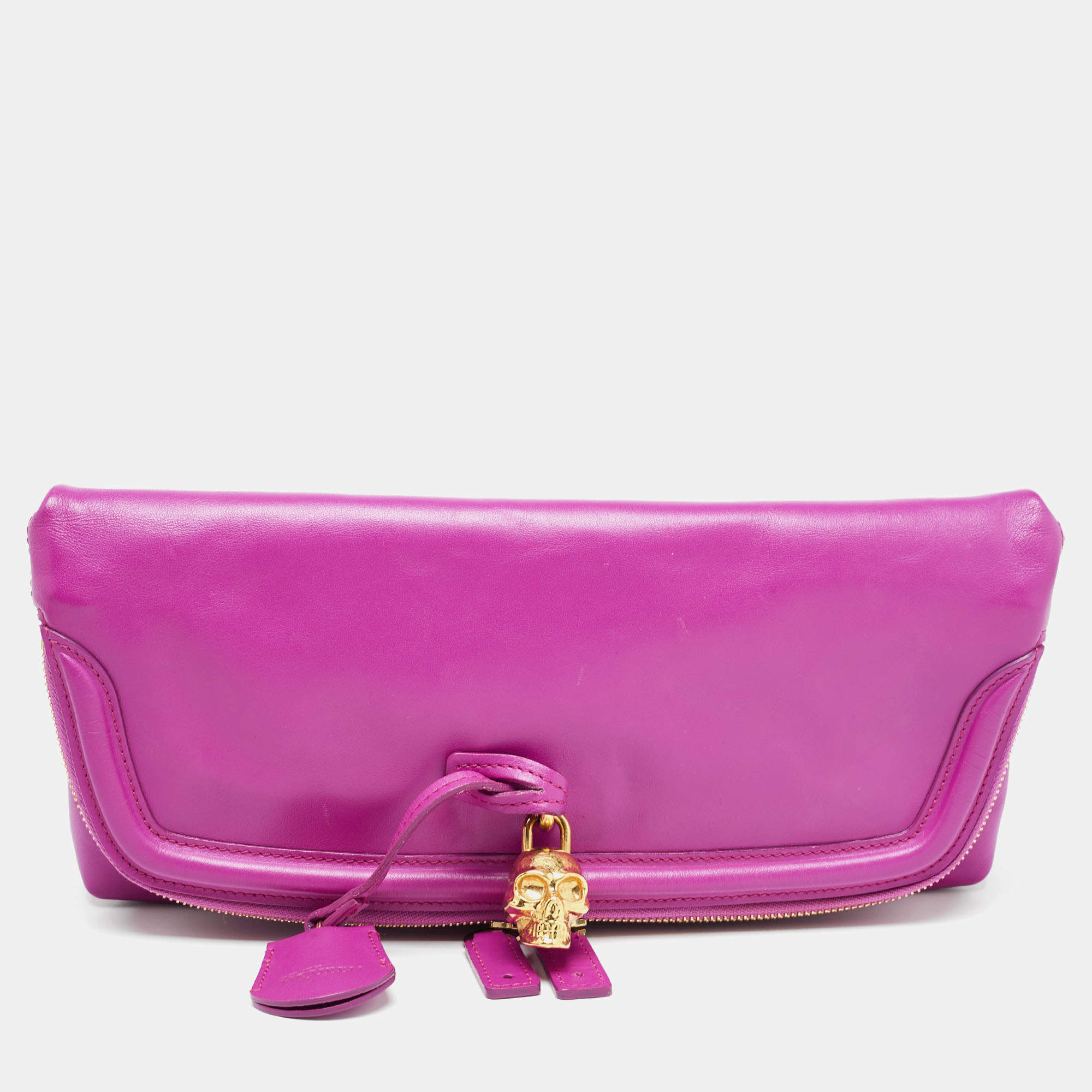 Pre Owned Alexander McQueen Fucshia Leather Skull Padlock Fold Over Clutch