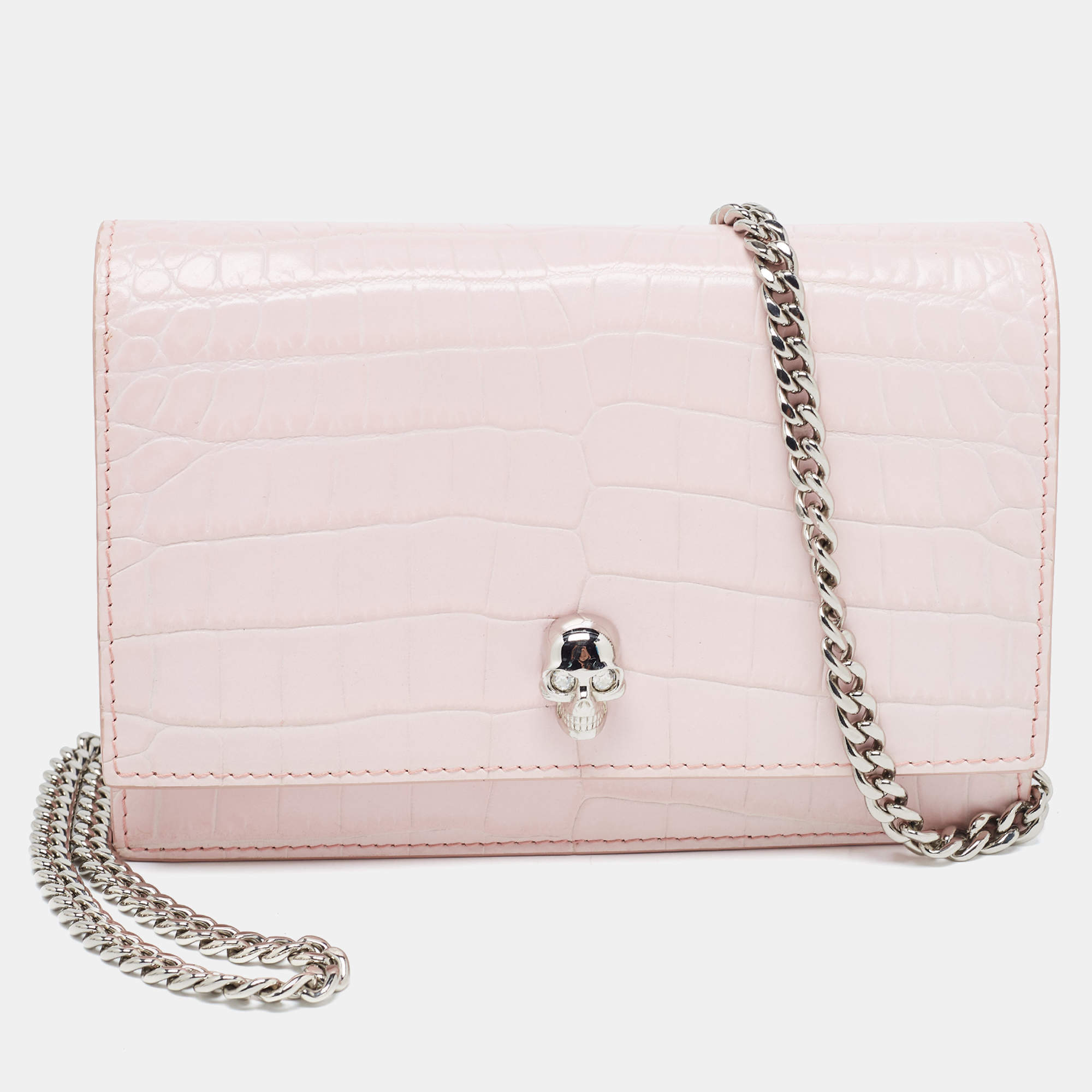 Pre Owned Alexander McQueen Pink Croc Embossed Leather Small Skull Shoulder Bag
