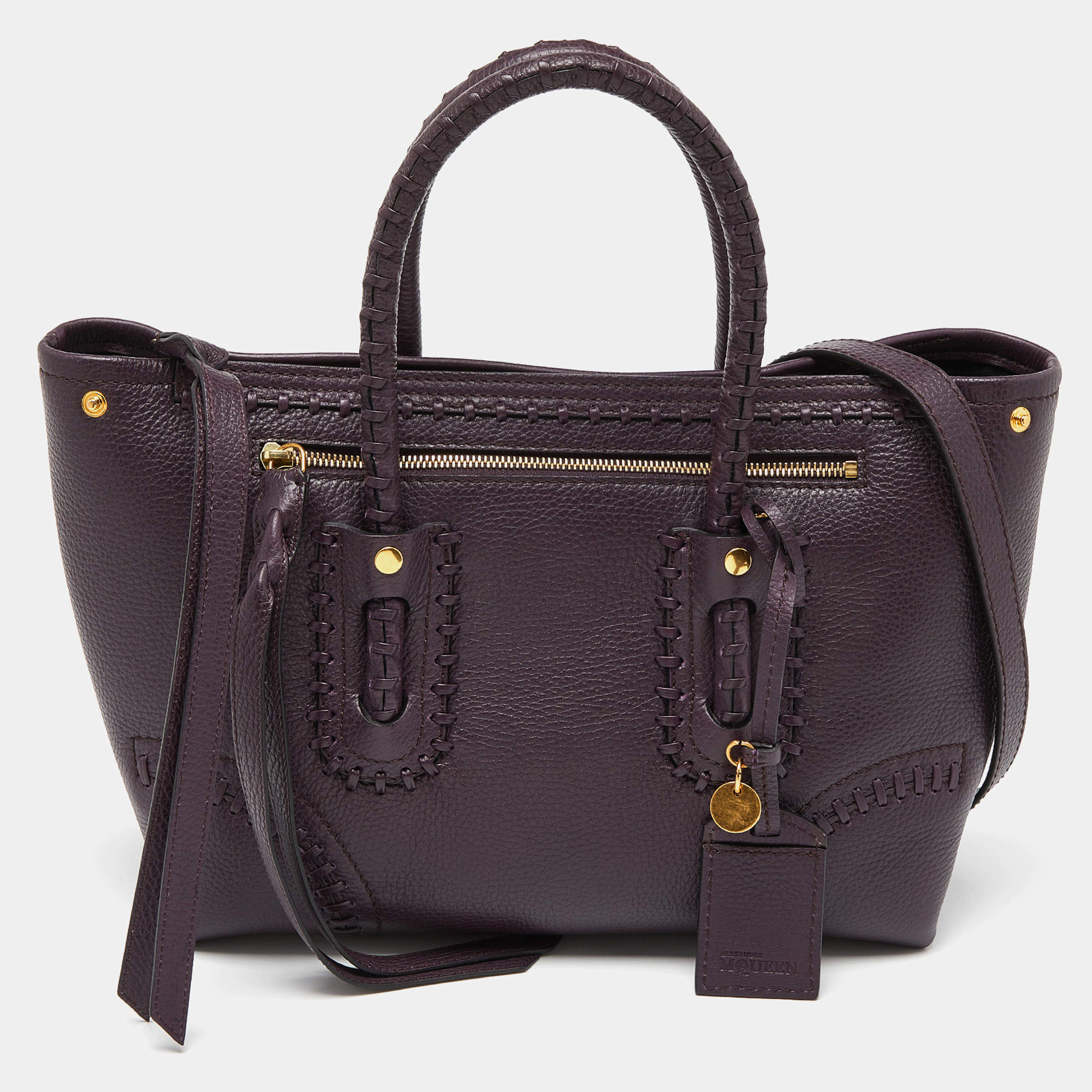 Pre Owned Alexander McQueen Purple Whipstitch Leather Folk Tote