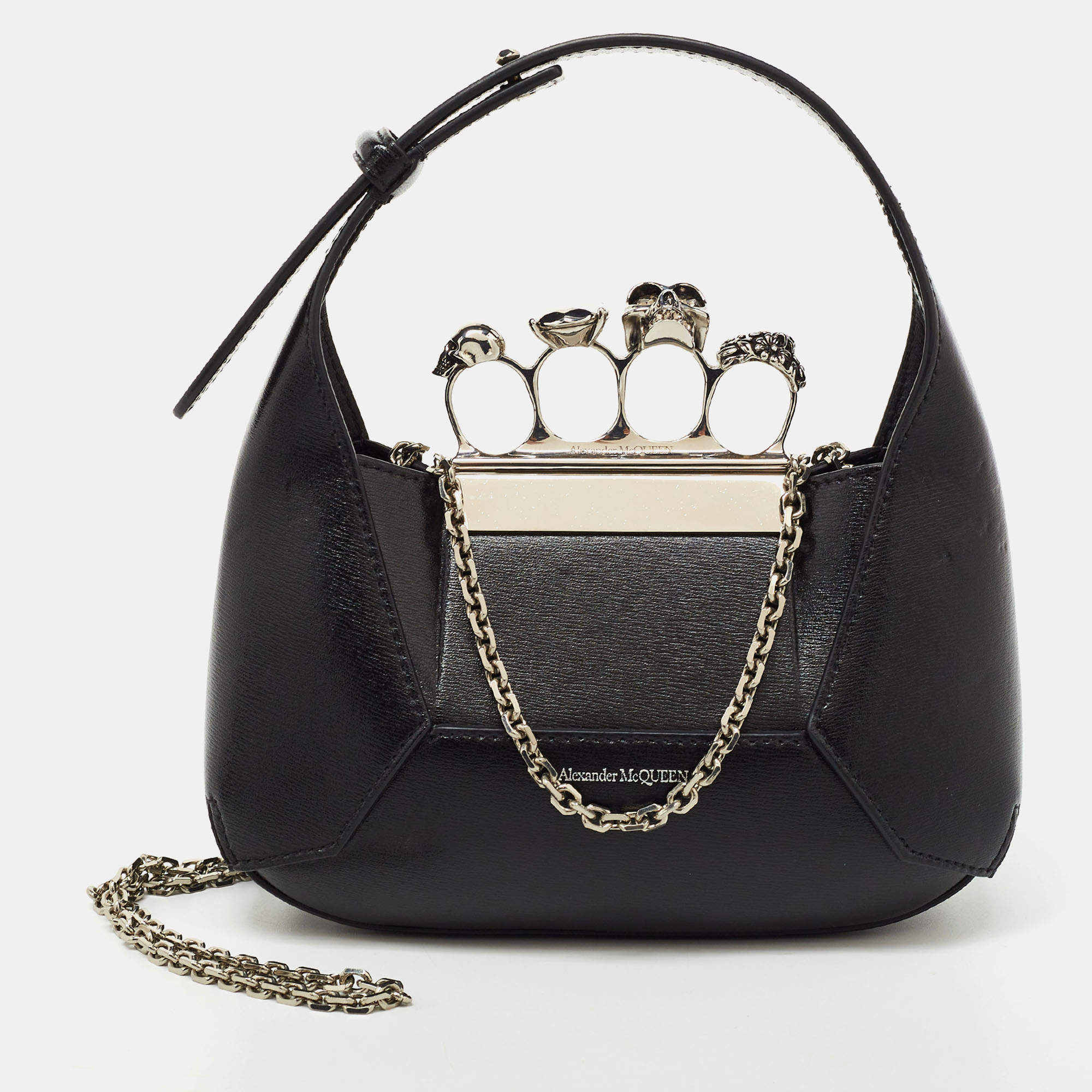 Pre Owned Alexander McQueen Black Leather Mini Jewelled Hobo