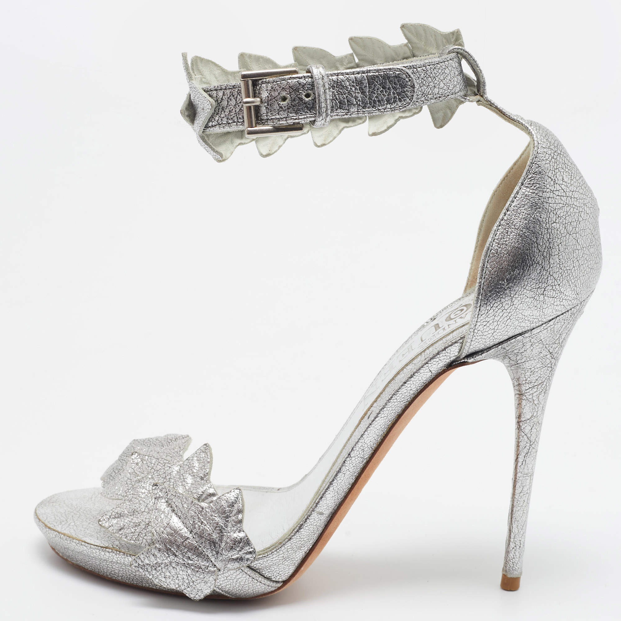 Pre Owned Alexander McQueen Metallic Silver Textured Leather Ivy Leaf Embellished Open Toe Sandals Size 36.5