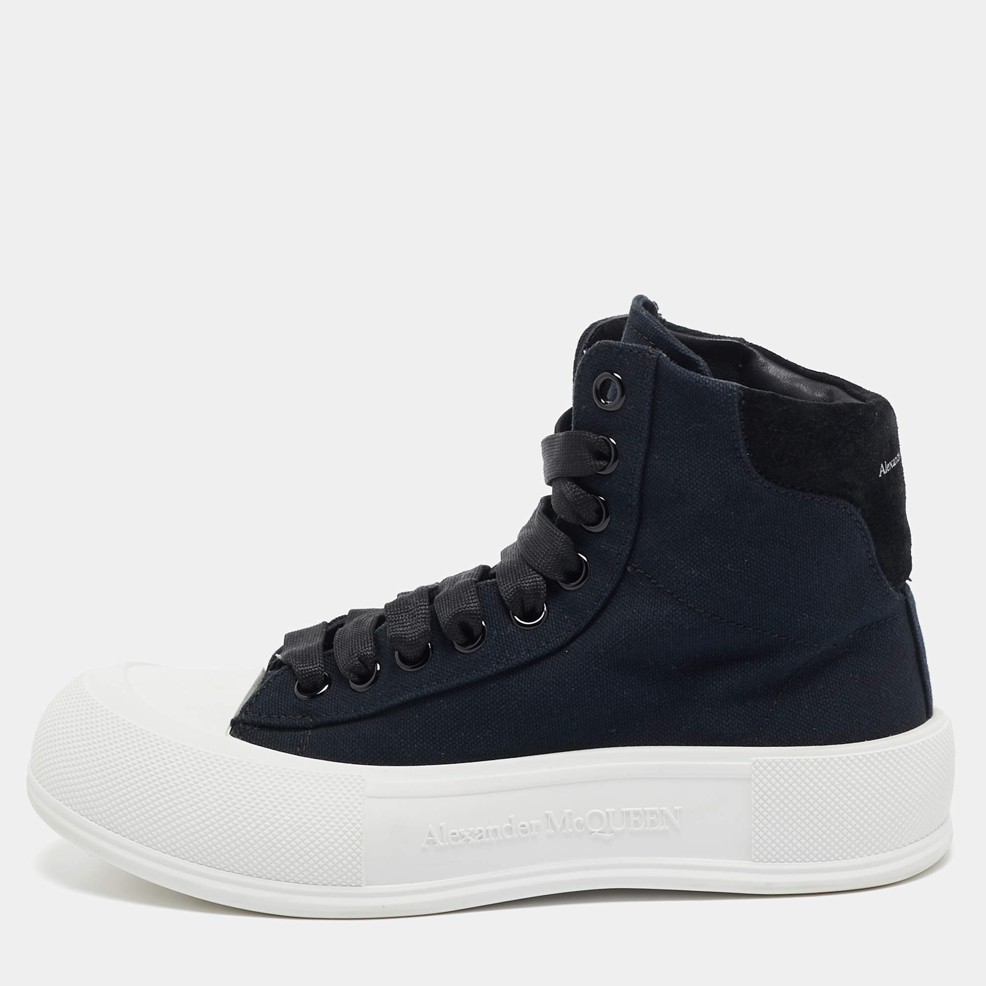 Alexander McQueen Black Canvas Deck Plimsoll High Top Sneakers Size 38.5