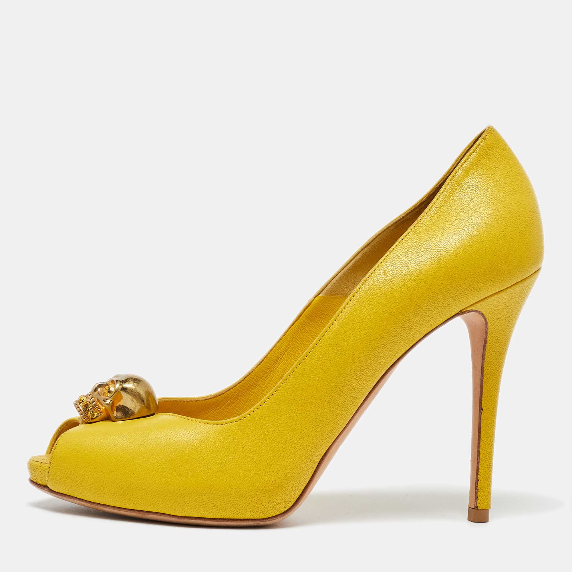 Alexander McQueen Yellow Leather Embellished Skull Peep Toe Pumps Size 38