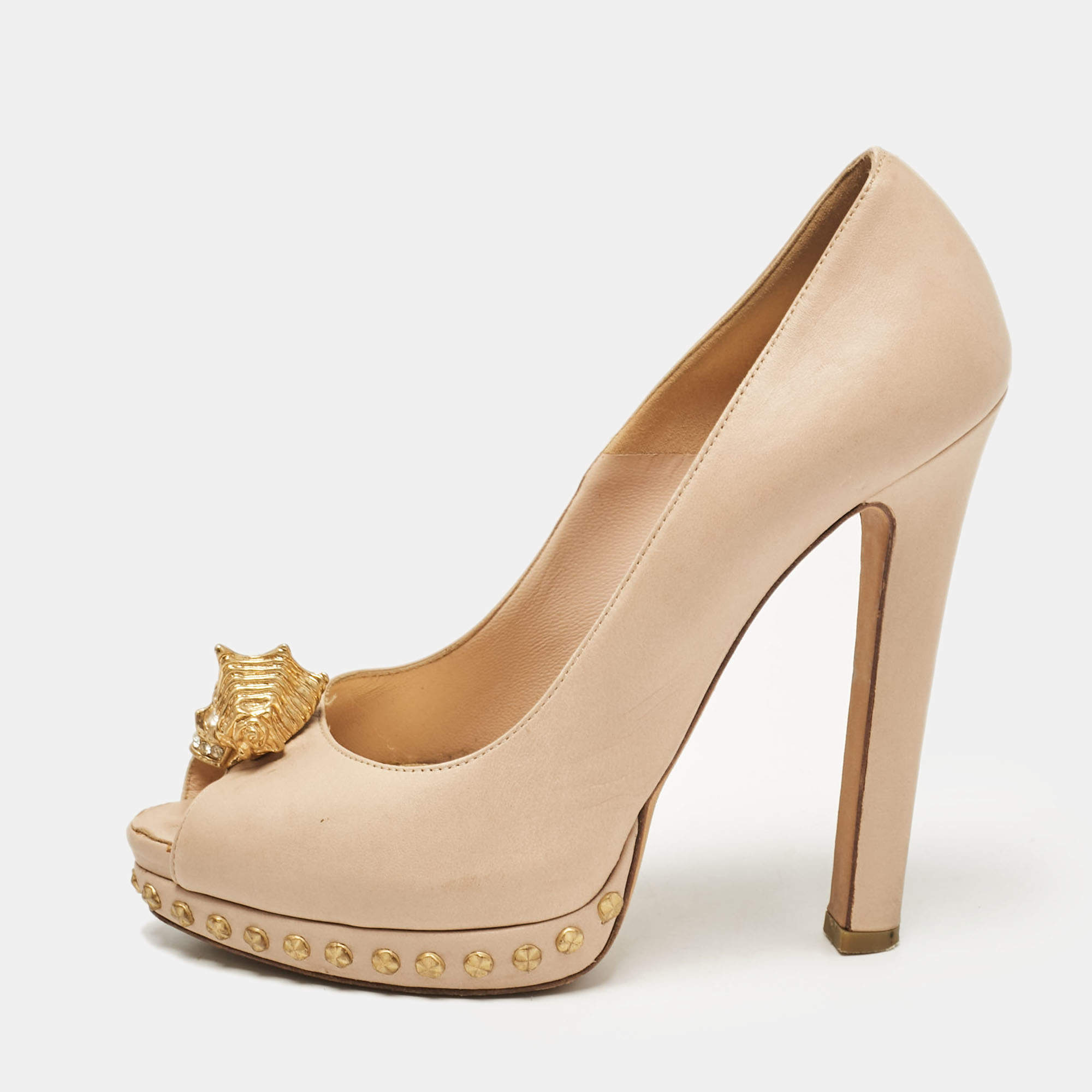 Alexander McQueen Beige Leather Skull Detail Studded Platform Peep Toe Pumps Size 37.5