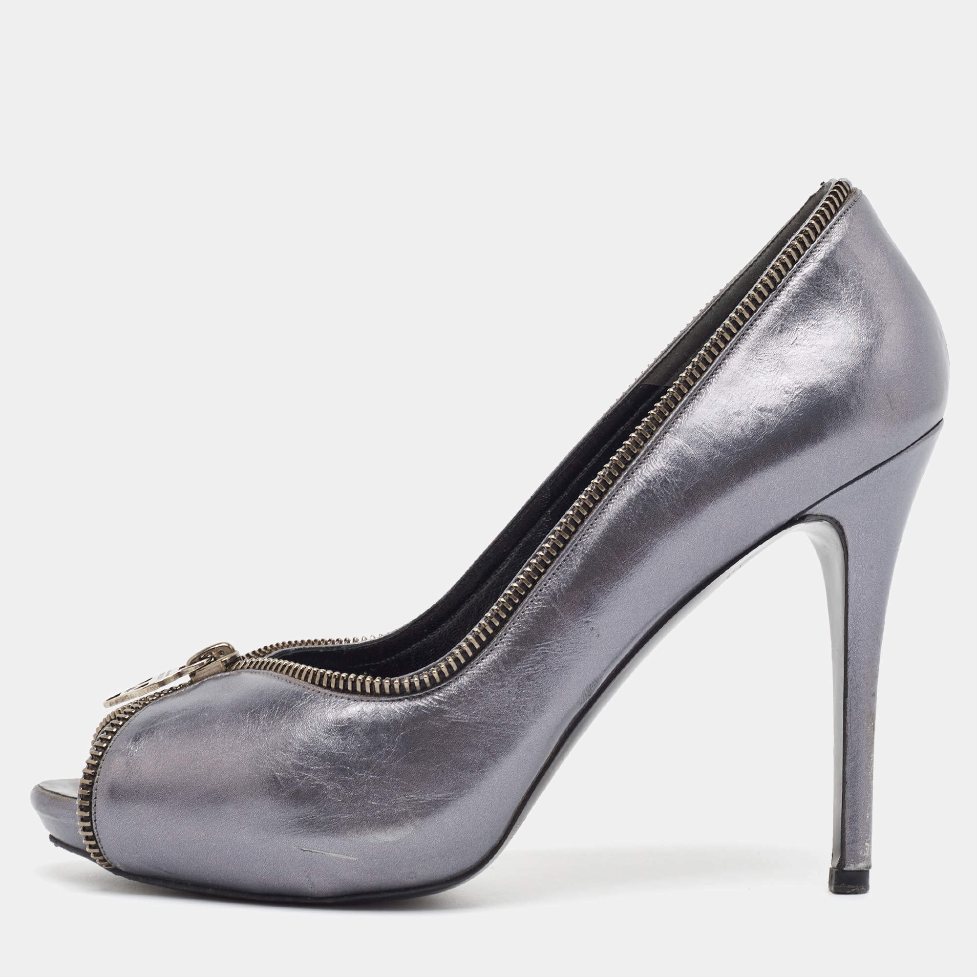 Alexander McQueen Metallic Leather Peep Toe Pumps Size 38