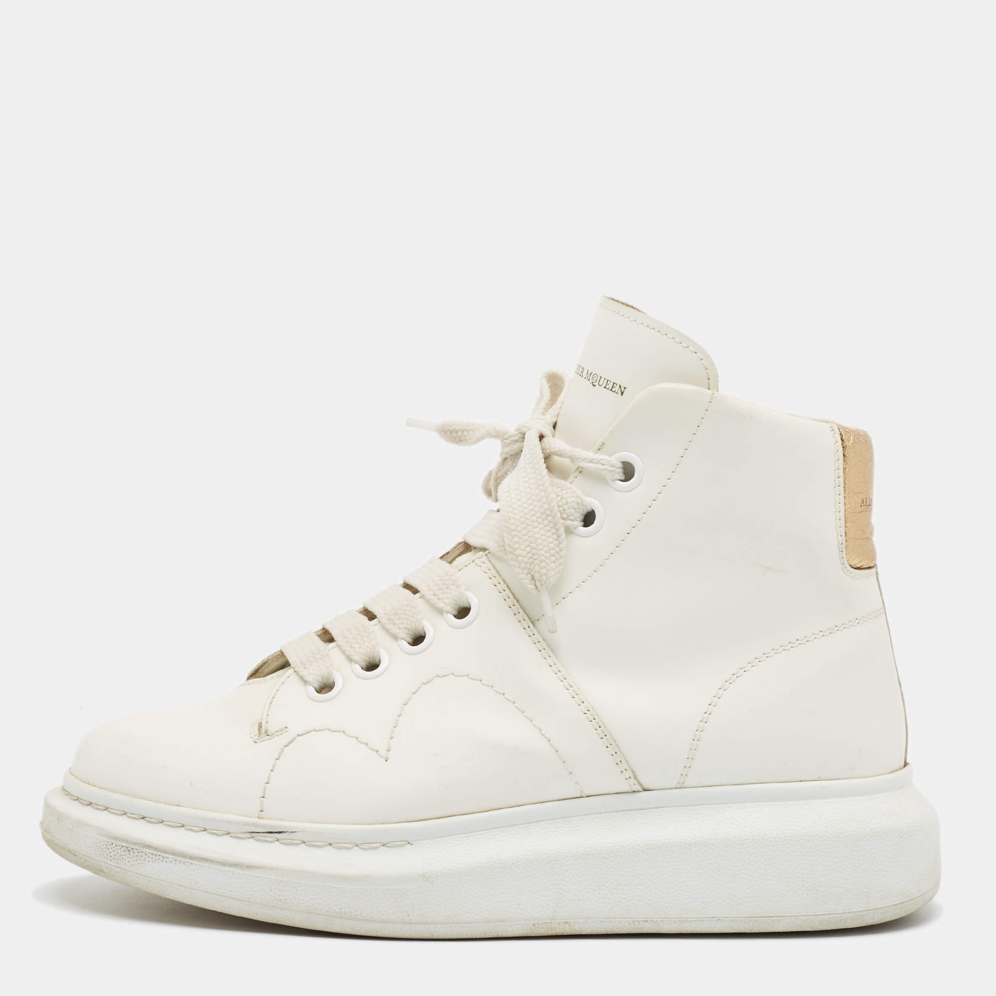 Pre Owned Alexander McQueen White Leather High Top Sneakers Size 38.5
