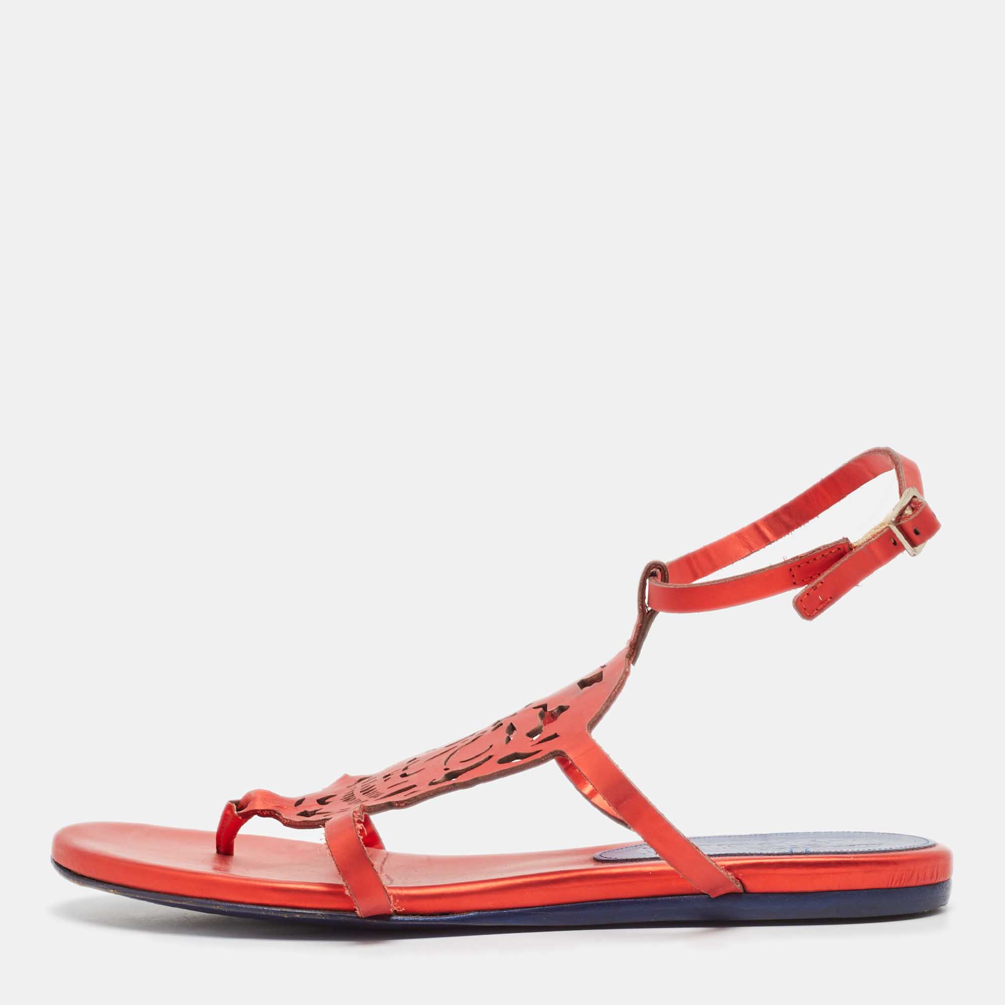 Pre Owned Alexander McQueen Red Leather Ankle Strap Flat Sandals Size 37