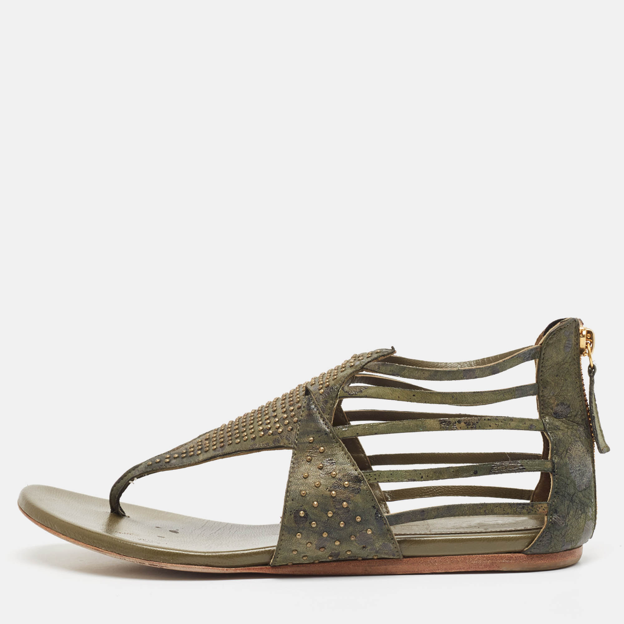 Alexander McQueen Green Leather Flat Sandals Size 38