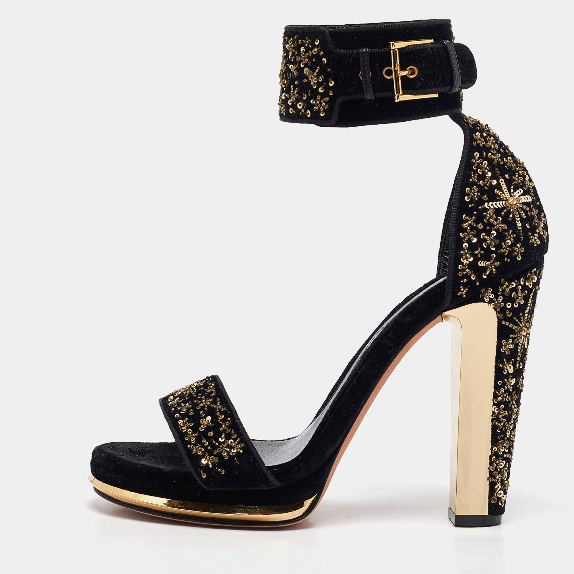 Alexander McQueen Black Velvet Embellished Ankle Strap Sandals Size 39