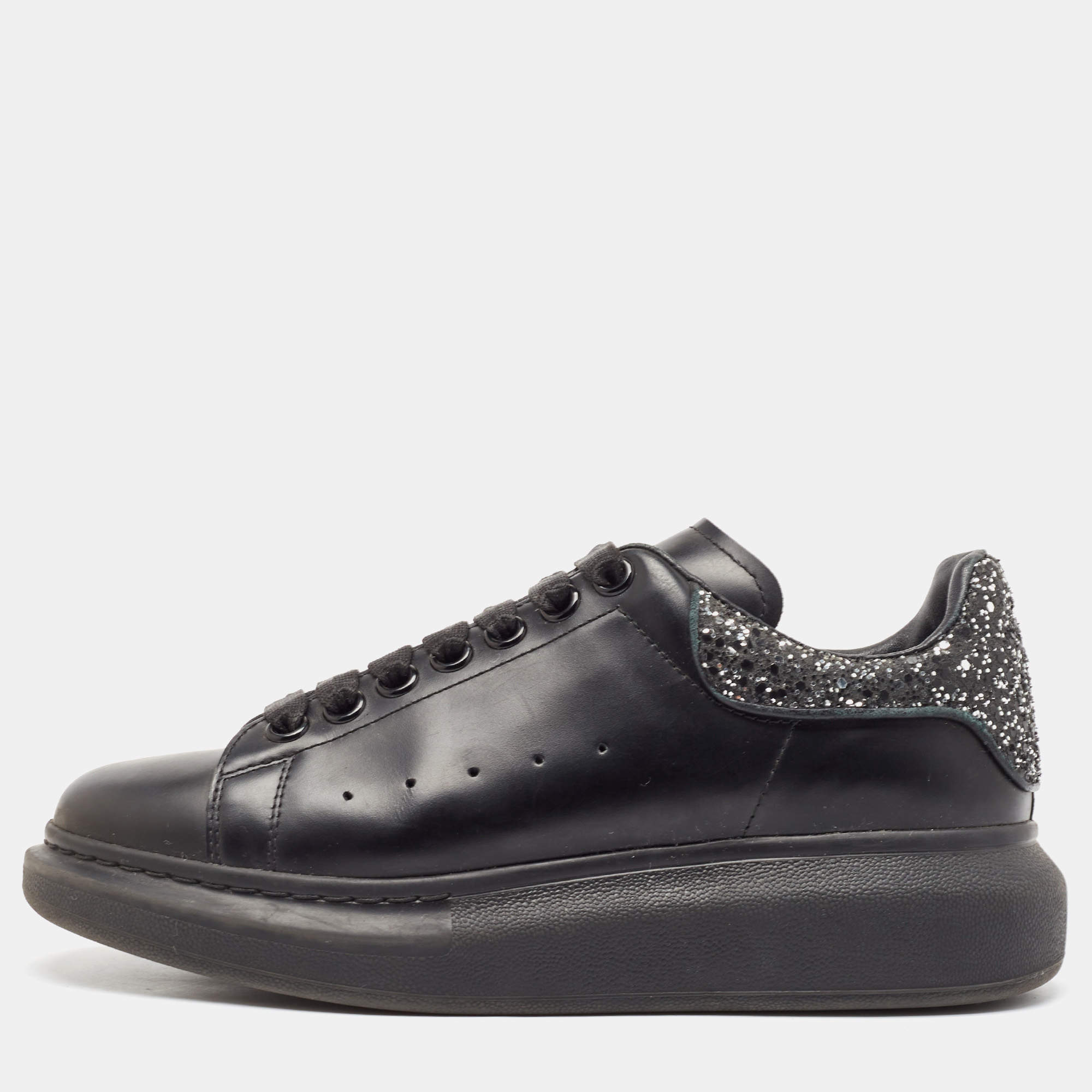 Alexander McQueen Black Leather and Glitter Oversized Sneakers Size 38