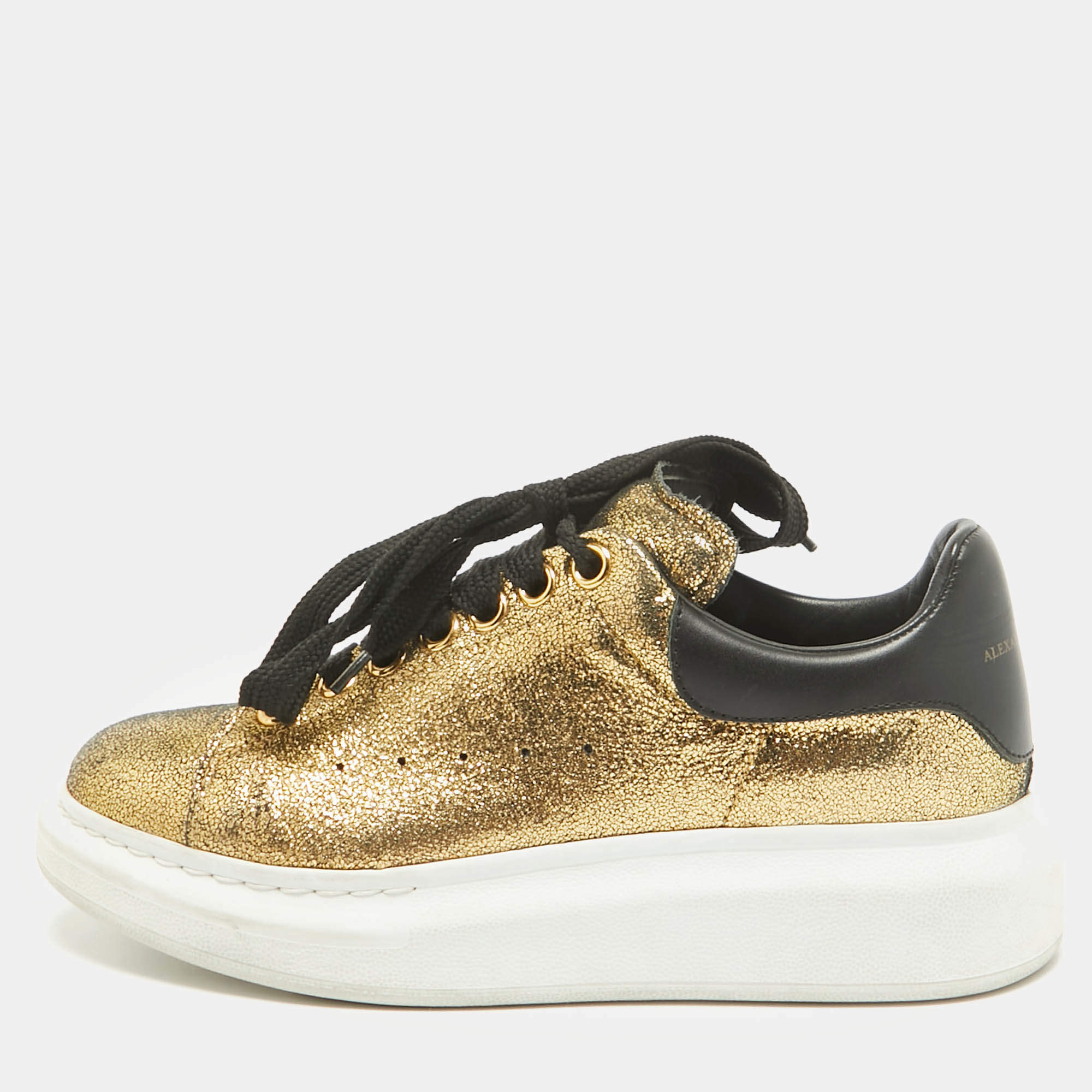 Pre Owned Alexander McQueen Gold/Black Leather Larry Lace Up Sneakers Size 37.5