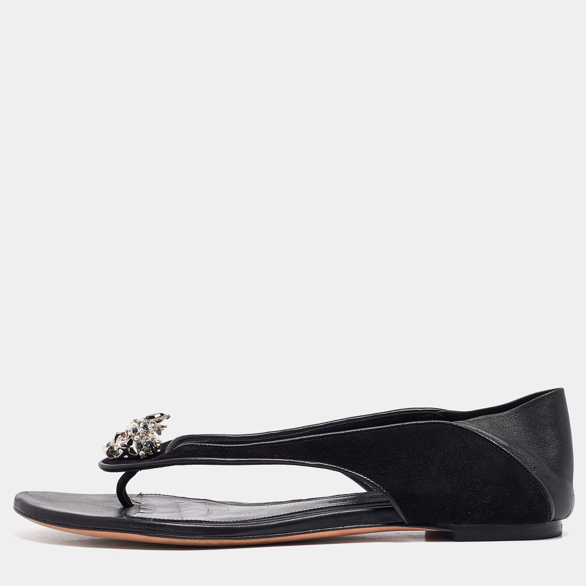 Pre Owned Alexander McQueen Black Leather and Suede Skull Flat Sandals Size 40