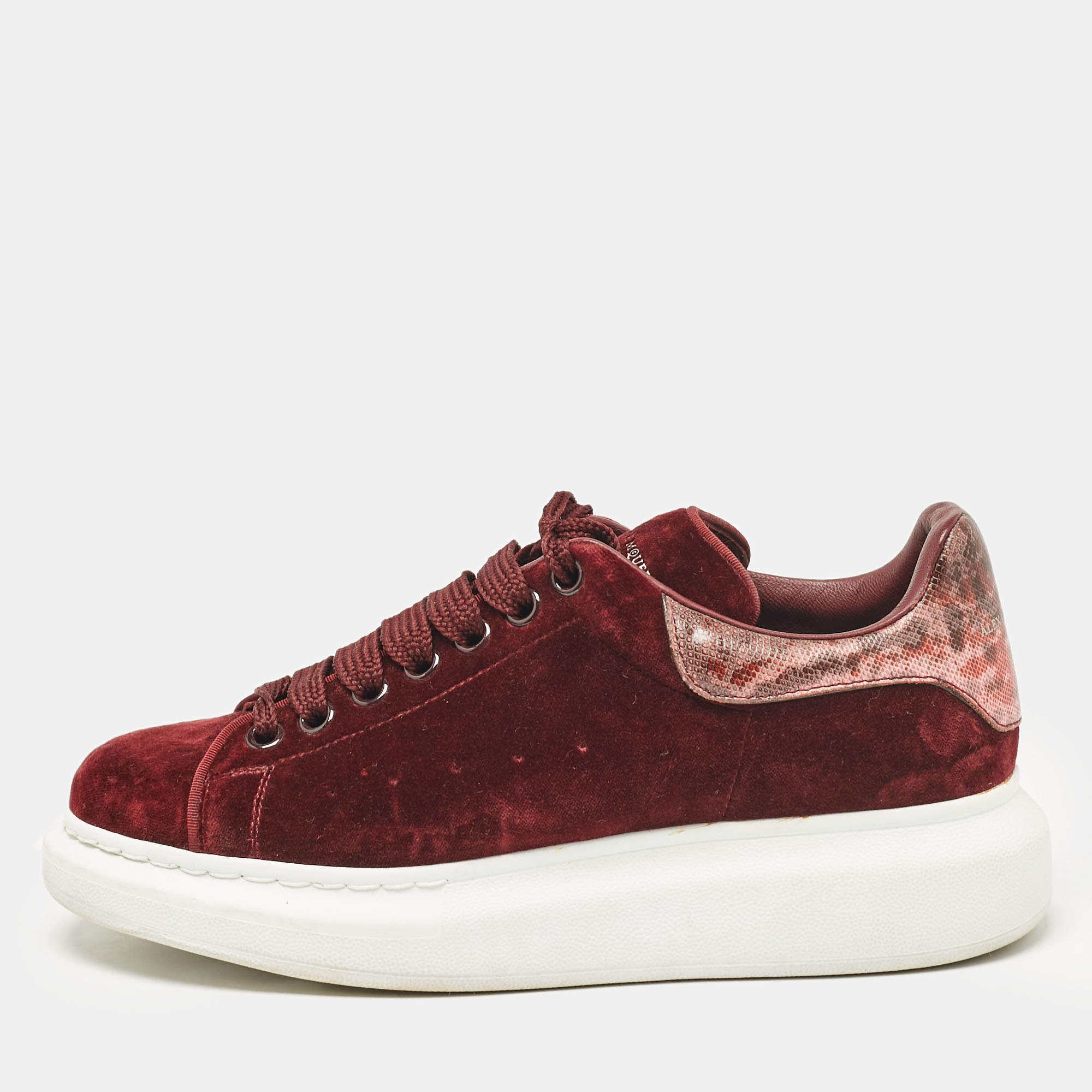 Alexander McQueen Burgundy Velvet and Snakeskin Effect Oversized Sneakers Size 40.5 Alexander McQueen TLC