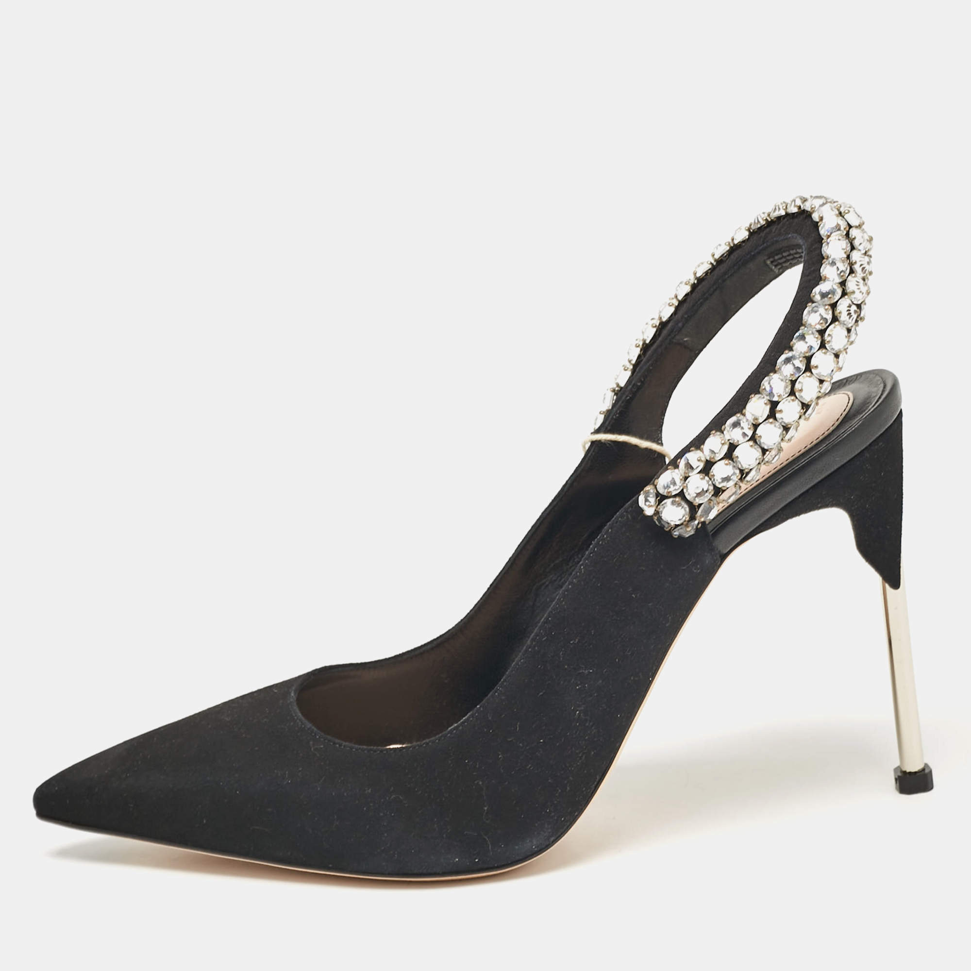 Alexander McQueen Black Suede Crystal Embellished Slingback Pumps Size 39