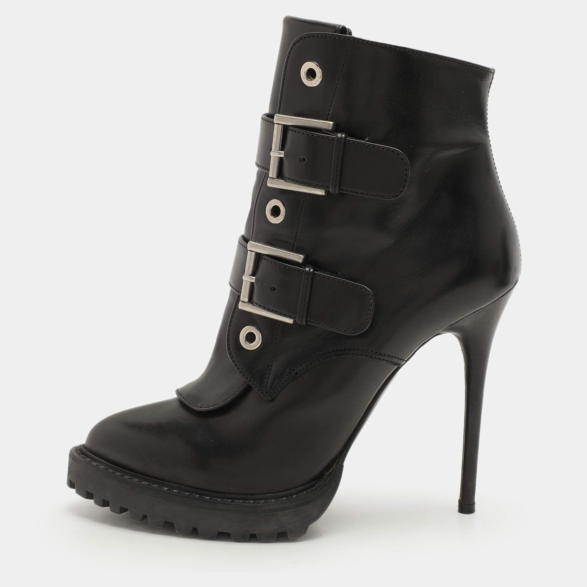 Alexander McQueen Black Leather Buckle Detail Ankle Length Boots Size 38