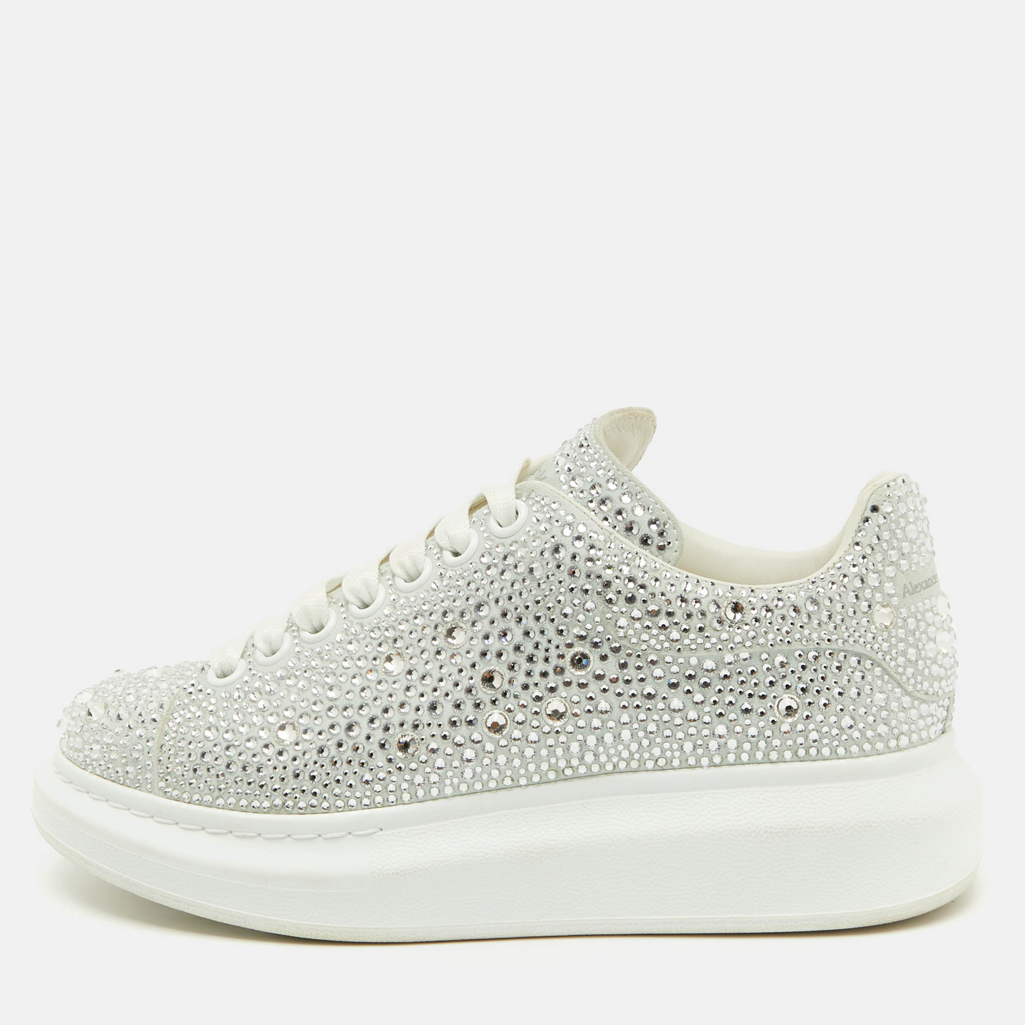 Alexander McQueen Grey Suede Crystal Embellished Oversized Sneakers Size 37