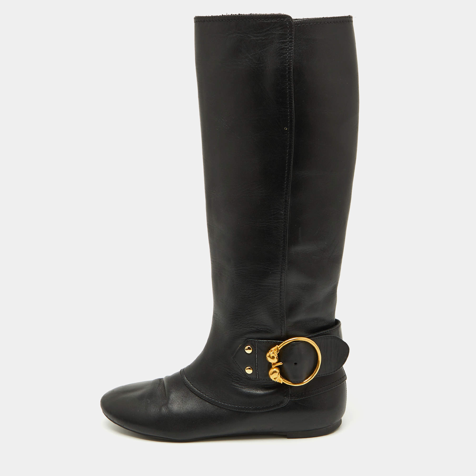 Alexander McQueen Black Leather Buckle Detail Knee length Boots Size 40