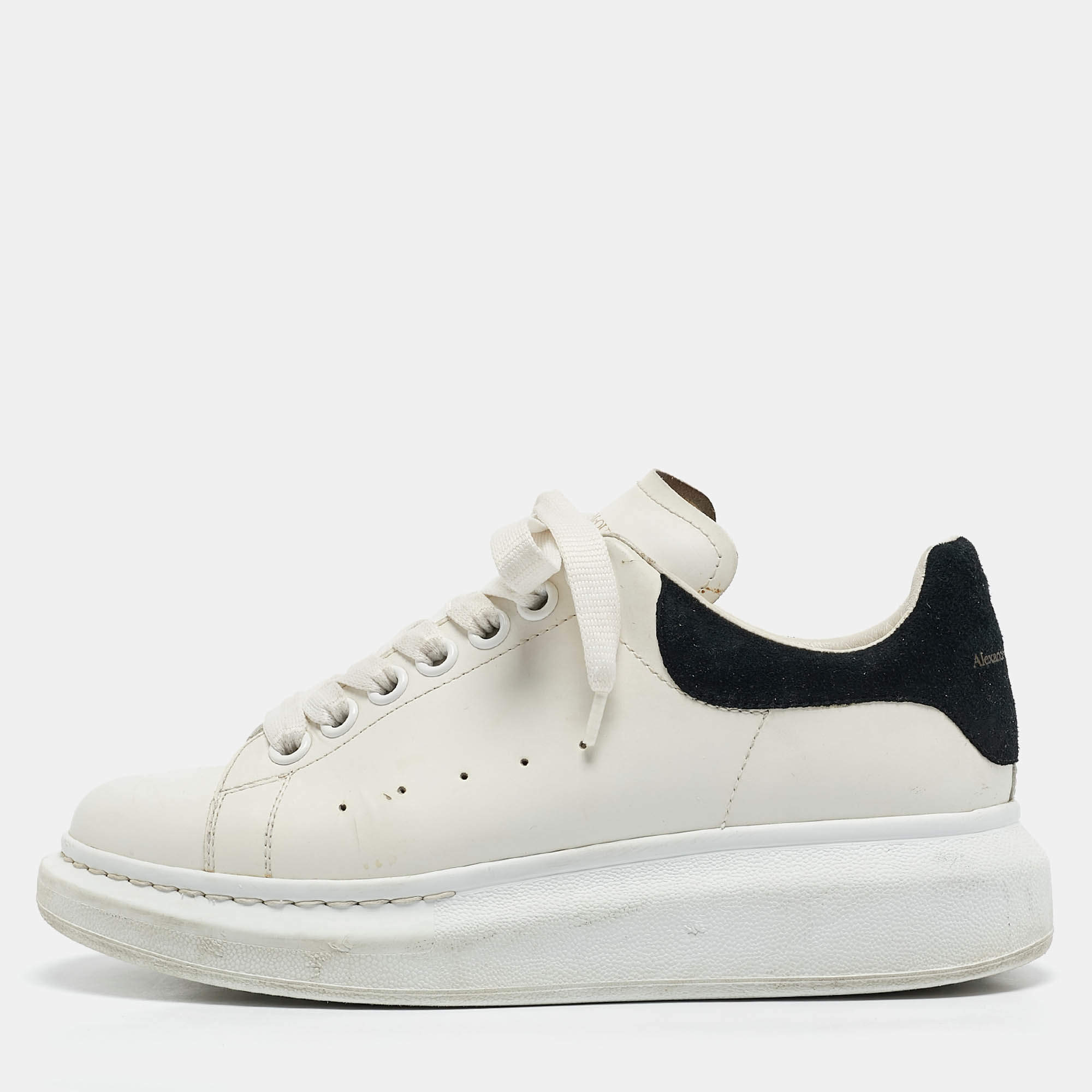 Pre Owned Alexander McQueen White/Black Leather and Suede Oversized Low Top Sneakers Size 37