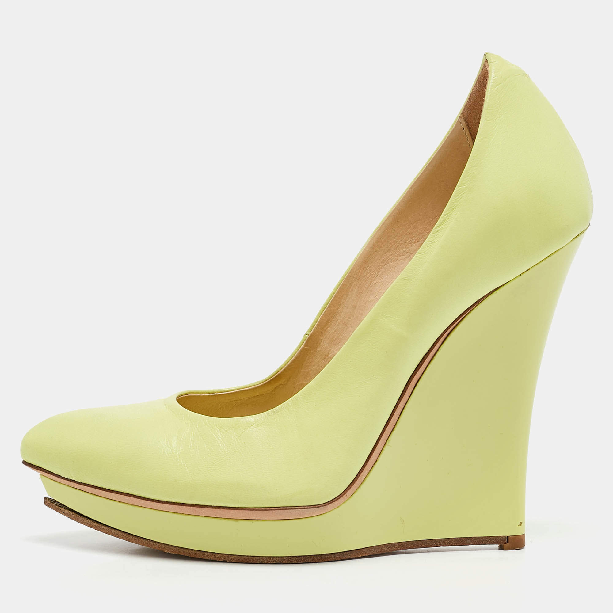 Alexander McQueen Neon Green Leather Wedge Pumps Size 37