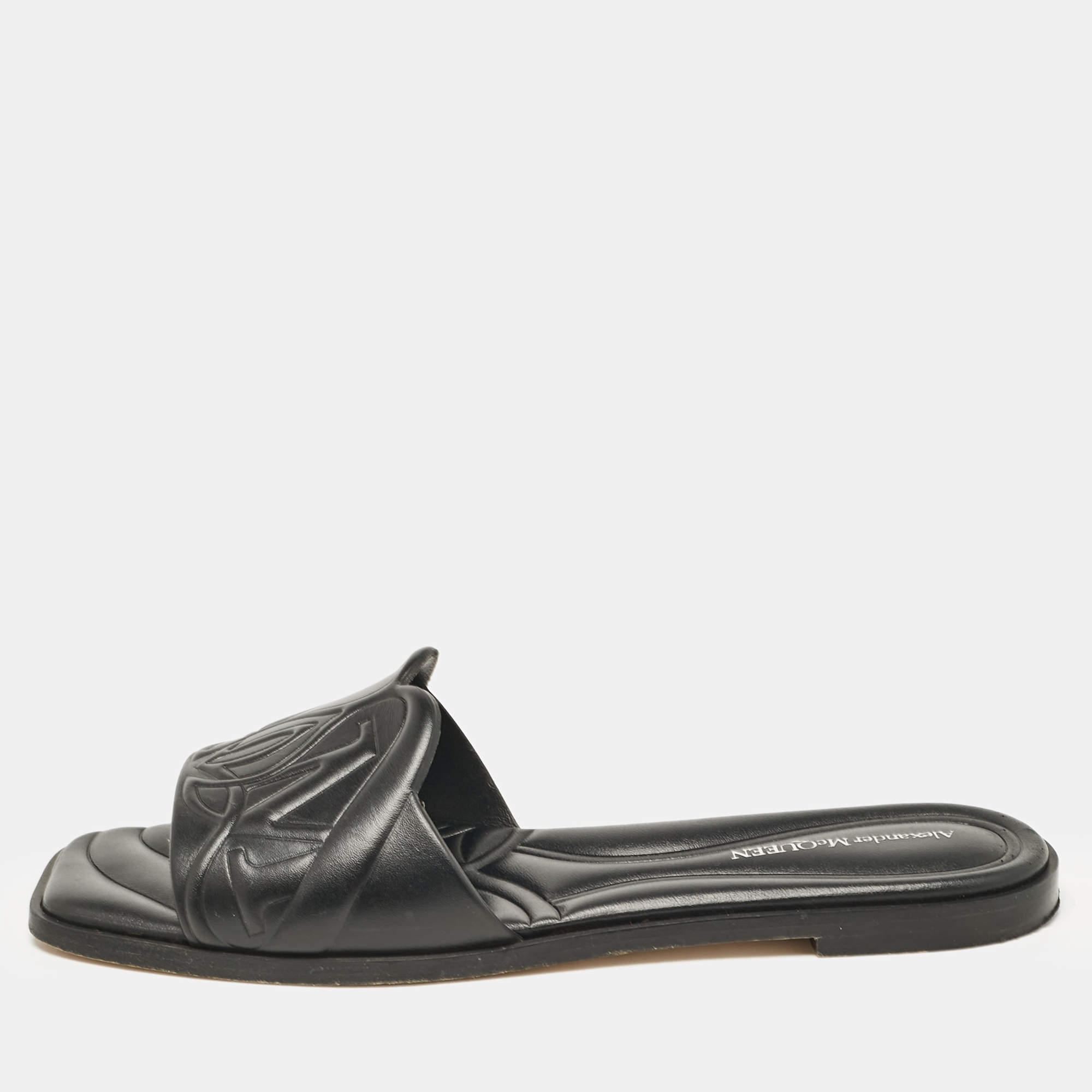 Alexander McQueen Black Leather Seal Flat Slides Size 37