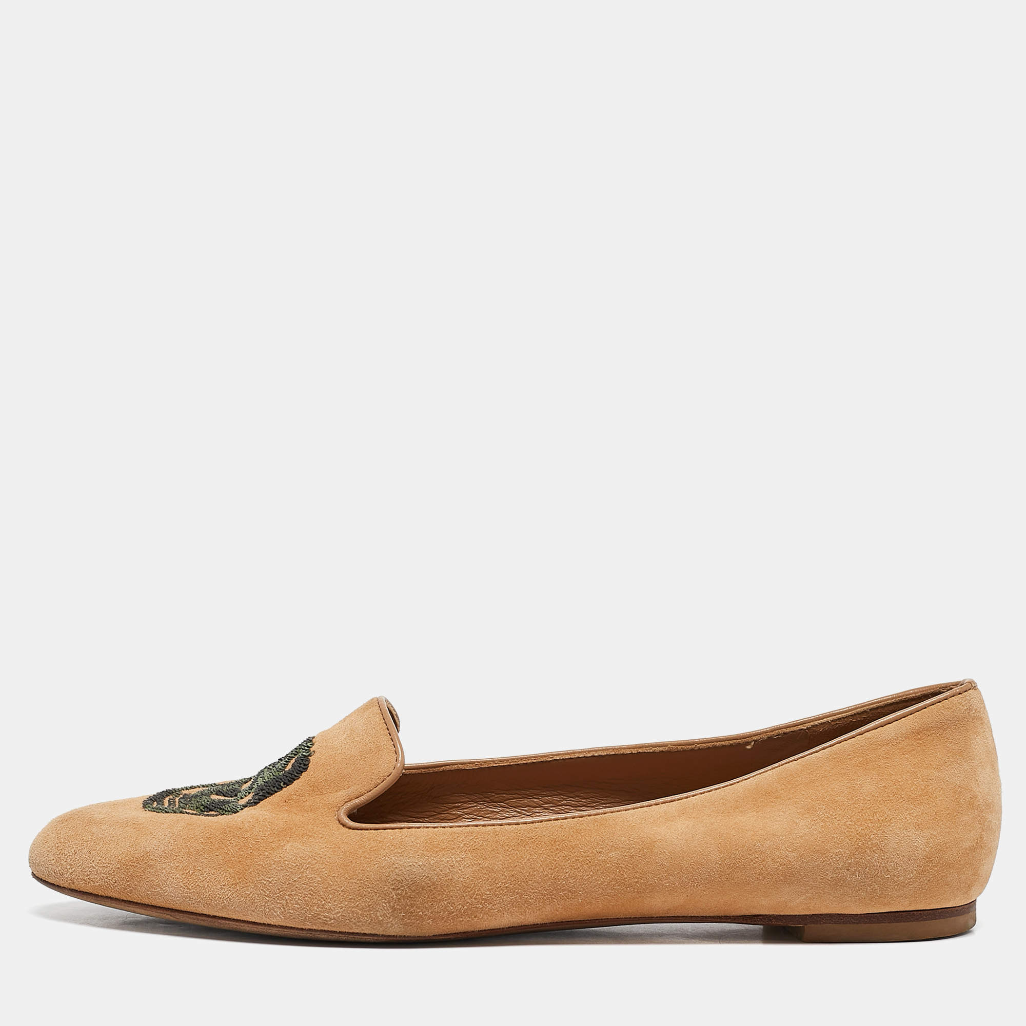 Pre Owned Alexander McQueen Brown Suede and Sequins Skull Smoking Slippers Size 38