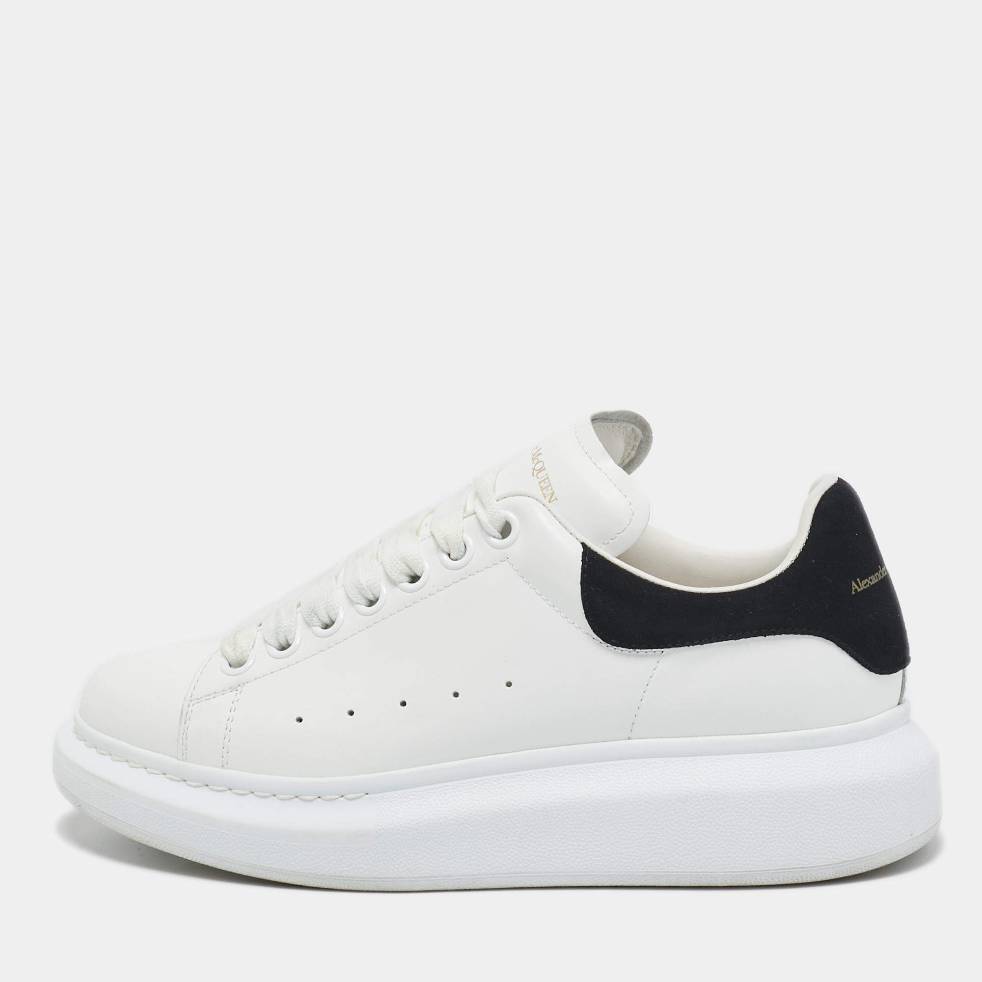 Pre Owned Alexander McQueen Black/White Leather and Suede Oversized Lace Up Sneakers Size 38
