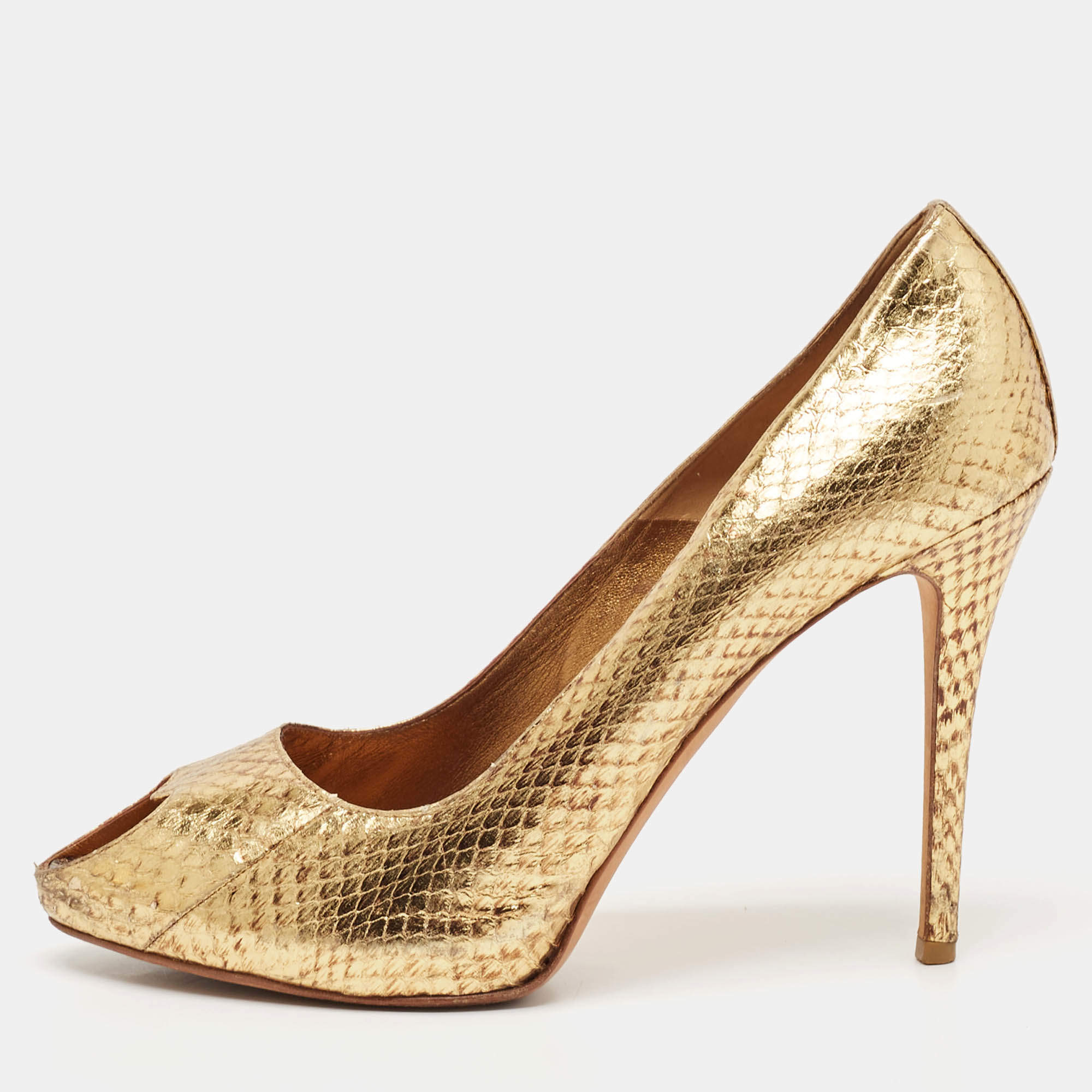 Alexander McQueen Gold Python Embossed Leather Heart Peep Toe Pumps Size 40.5