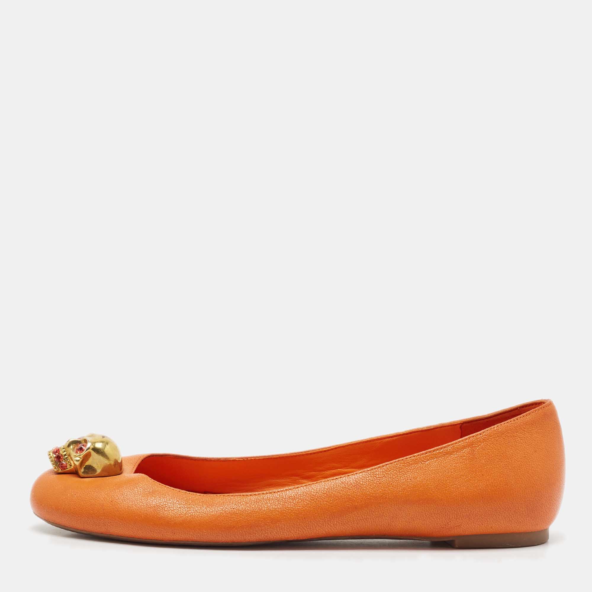 Pre Owned Alexander McQueen Orange Leather Skull City Ballet Flats Size 37