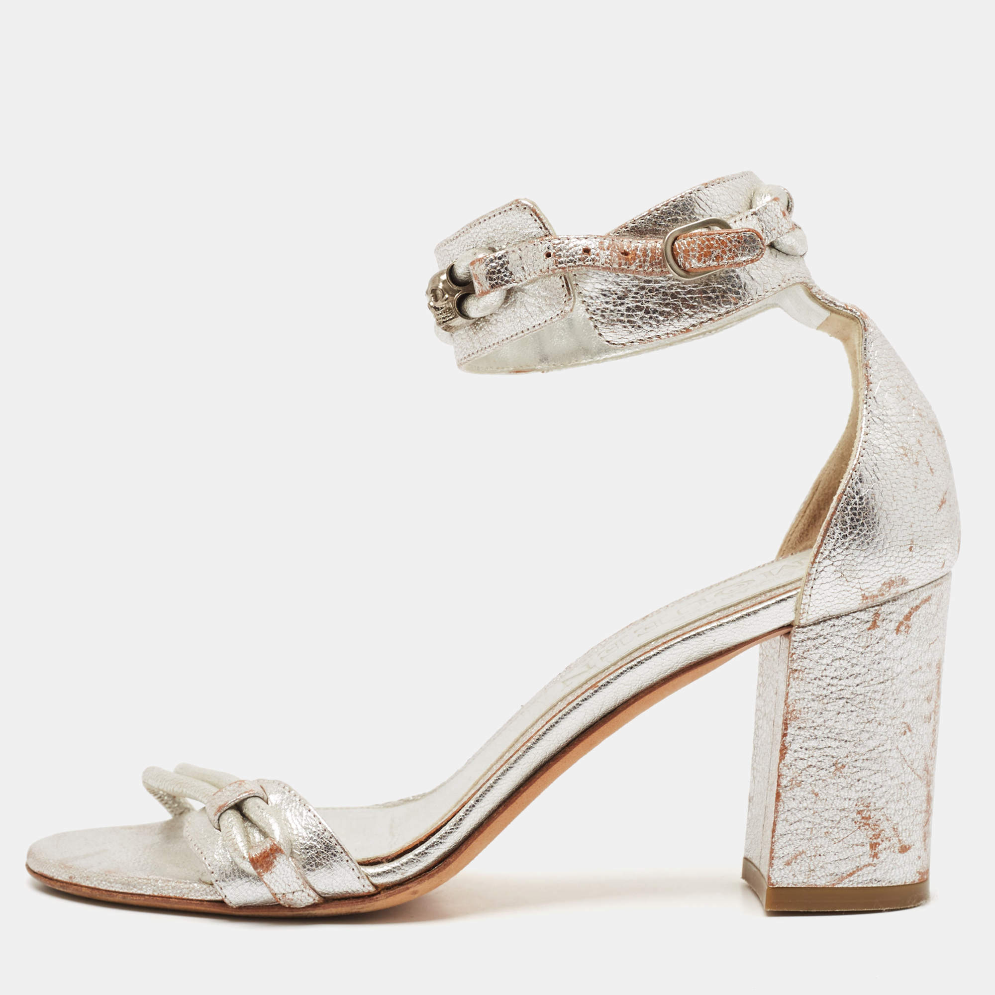 Alexander McQueen Silver Leather Ankle Strap Sandals Size 37