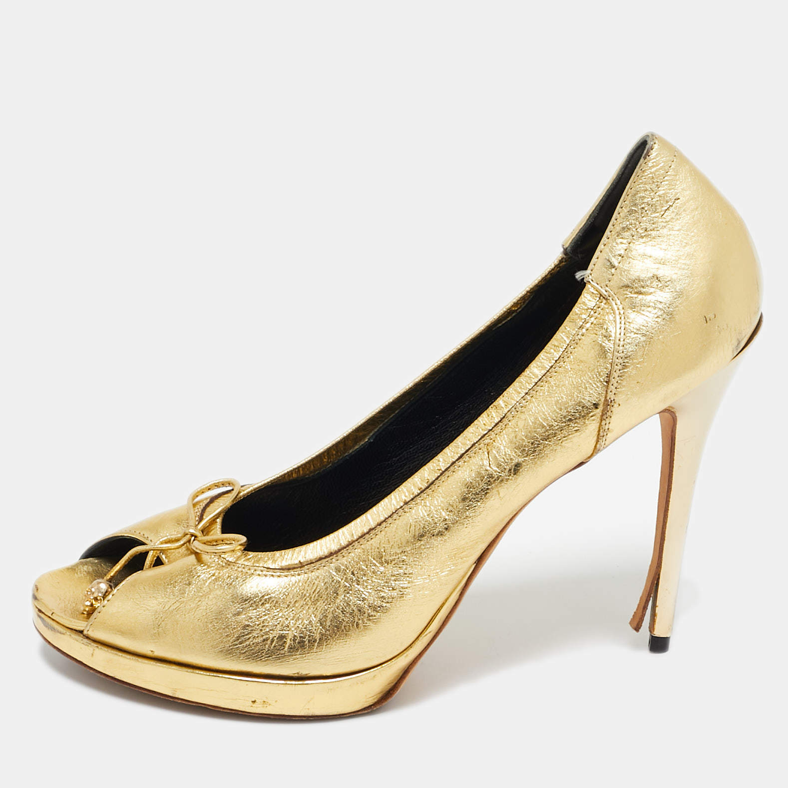 Alexander McQueen Gold Leather Skull Bow Peep Toe Pumps Size 38