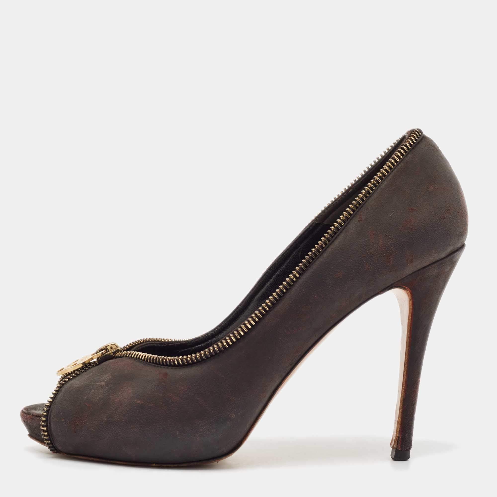 Alexander McQueen Brown Nubuck Leather Peep Toe Pumps Size 37.5