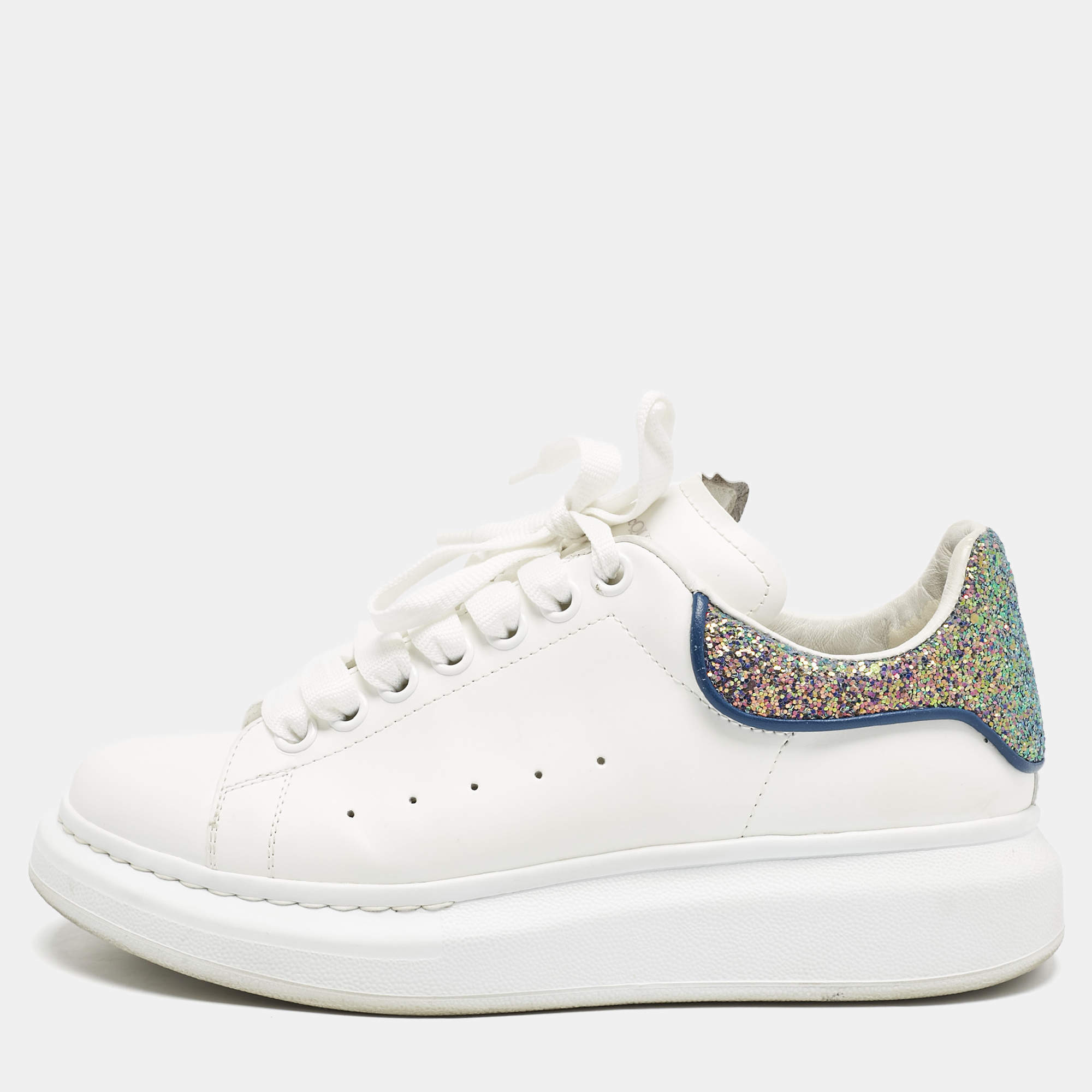 Pre Owned Alexander McQueen White/Metallic Leather Oversized Lace Up Sneakers Size 38.5