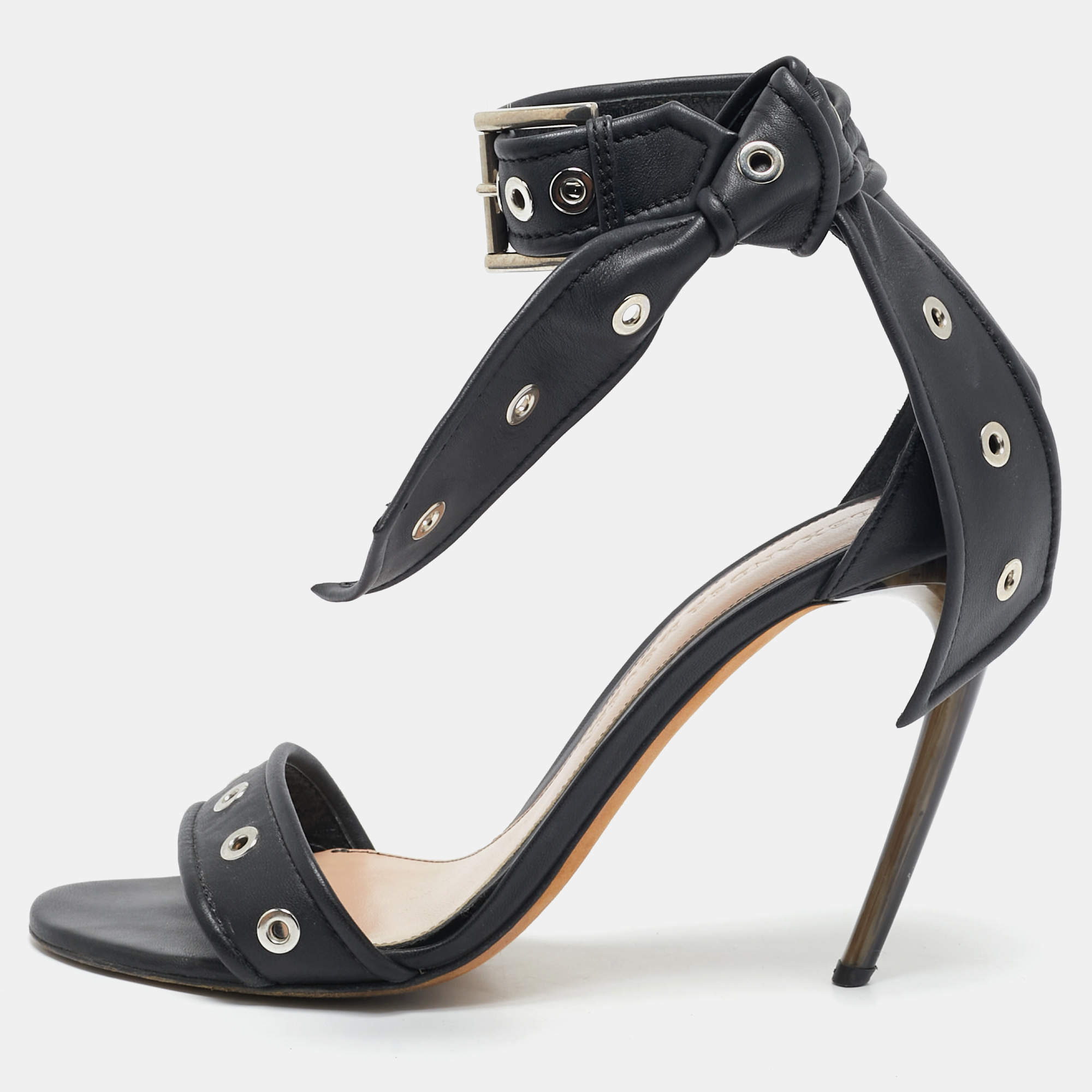 Alexander McQueen Black Leather Lana Razor Ankle Strap Sandals Size 39.5