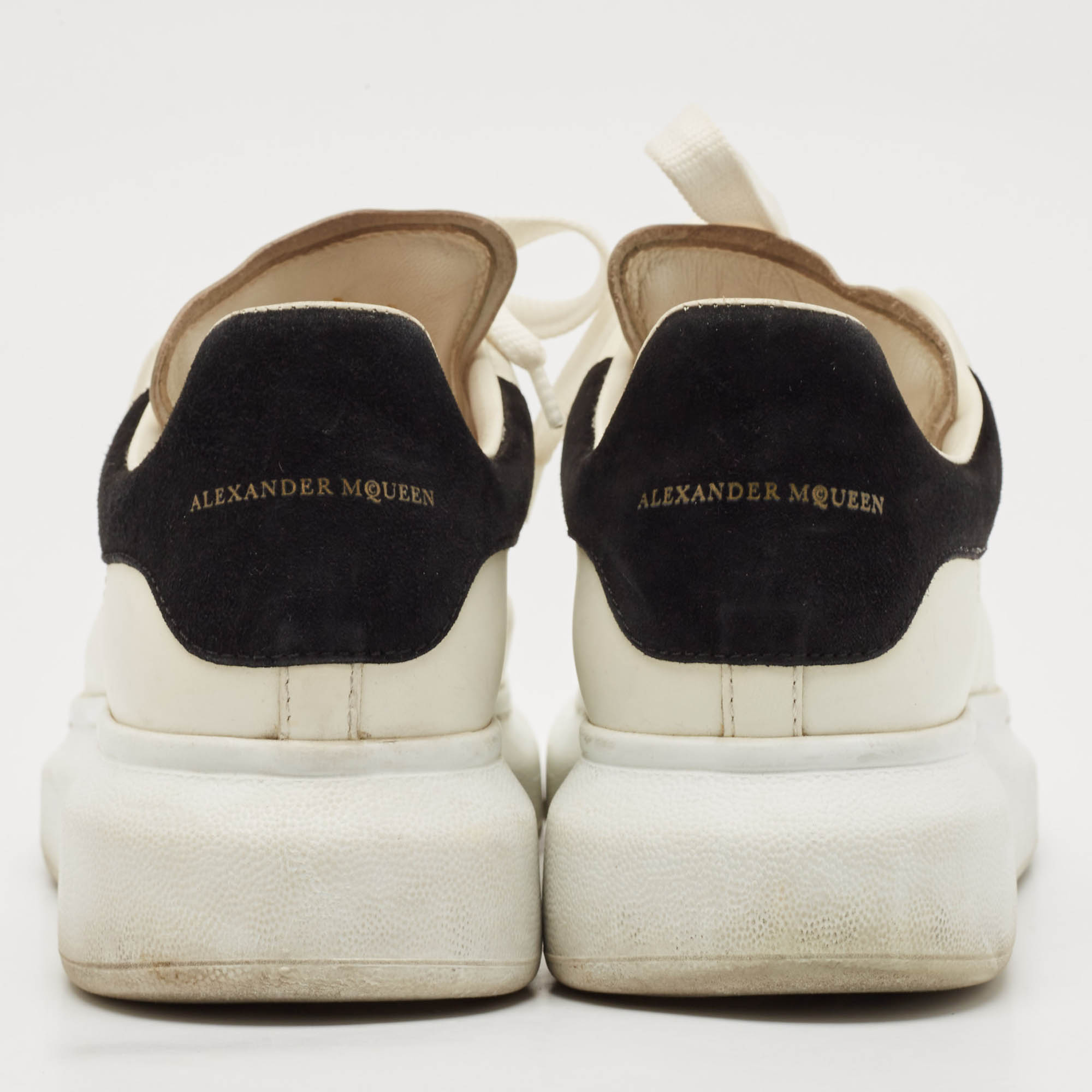 Pre Owned Alexander McQueen Black/White Leather and Suede Oversized Lace Up Sneakers Size 38