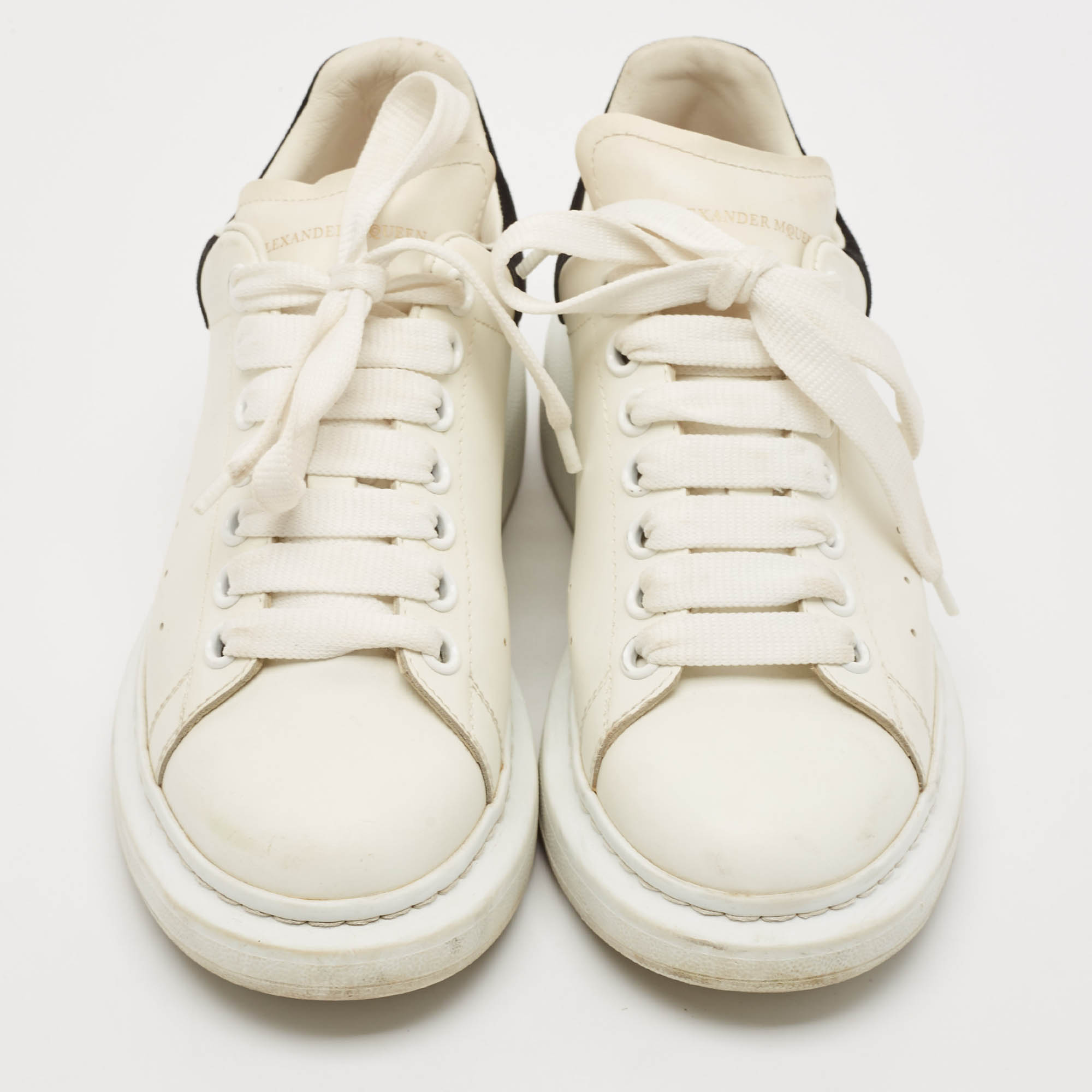 Pre Owned Alexander McQueen Black/White Leather and Suede Oversized Lace Up Sneakers Size 38