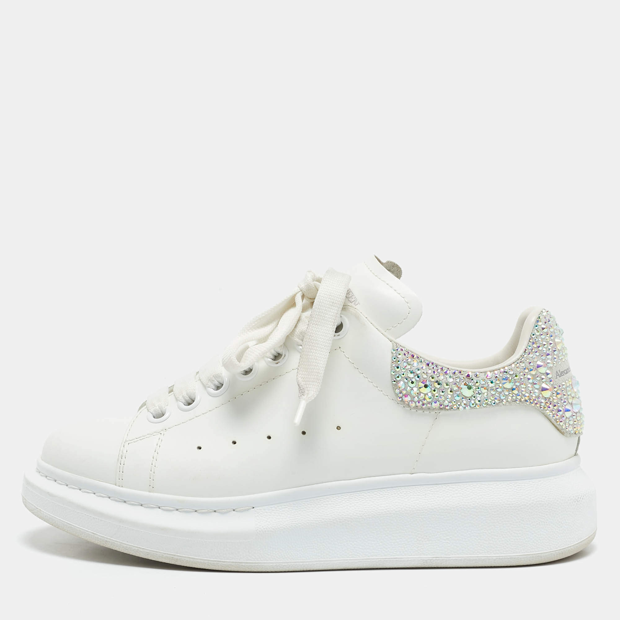 Alexander McQueen White Leather Crystal Embellished Larry Sneakers Size 37