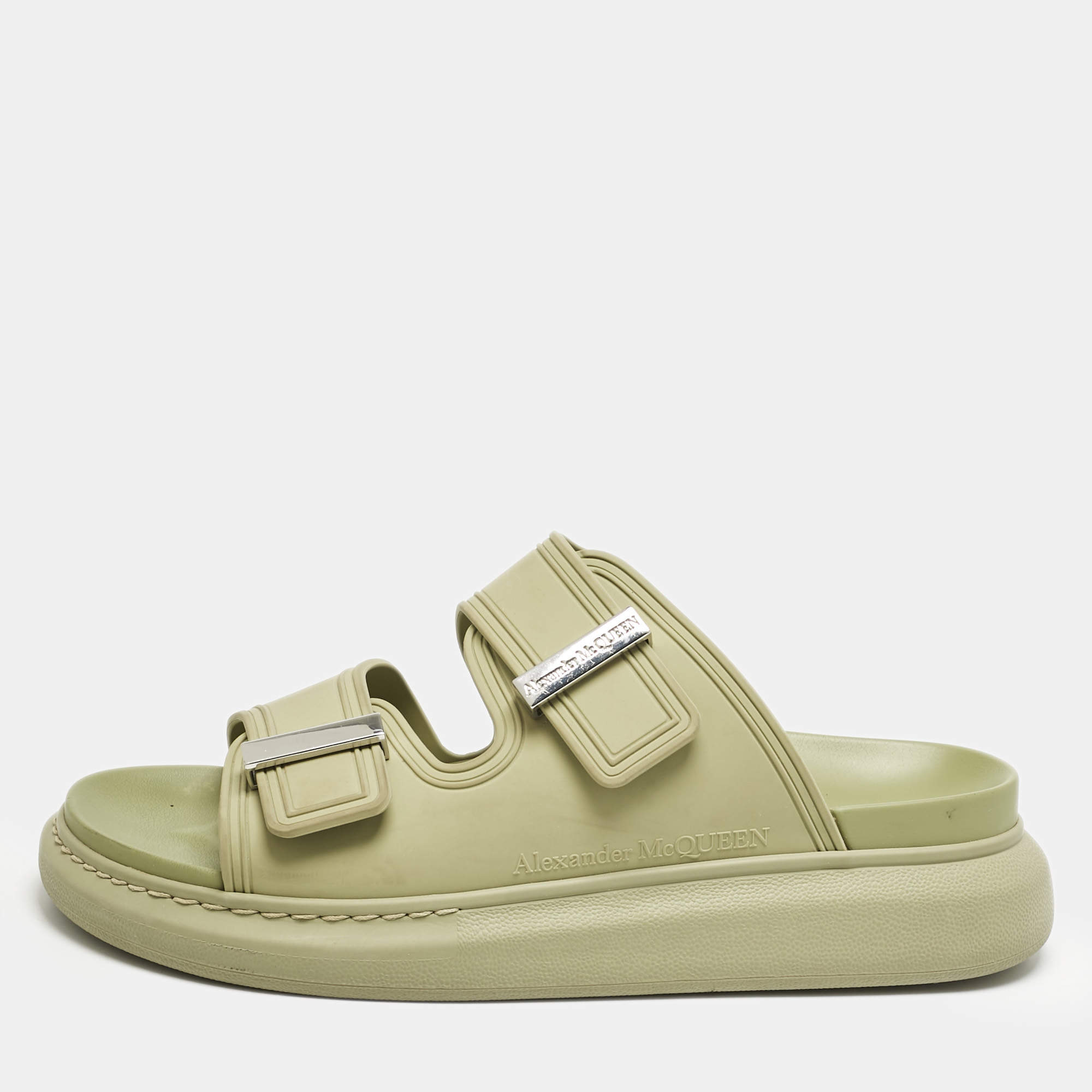Alexander McQueen Green Rubber Logo Embossed Slide Sandals Size 40