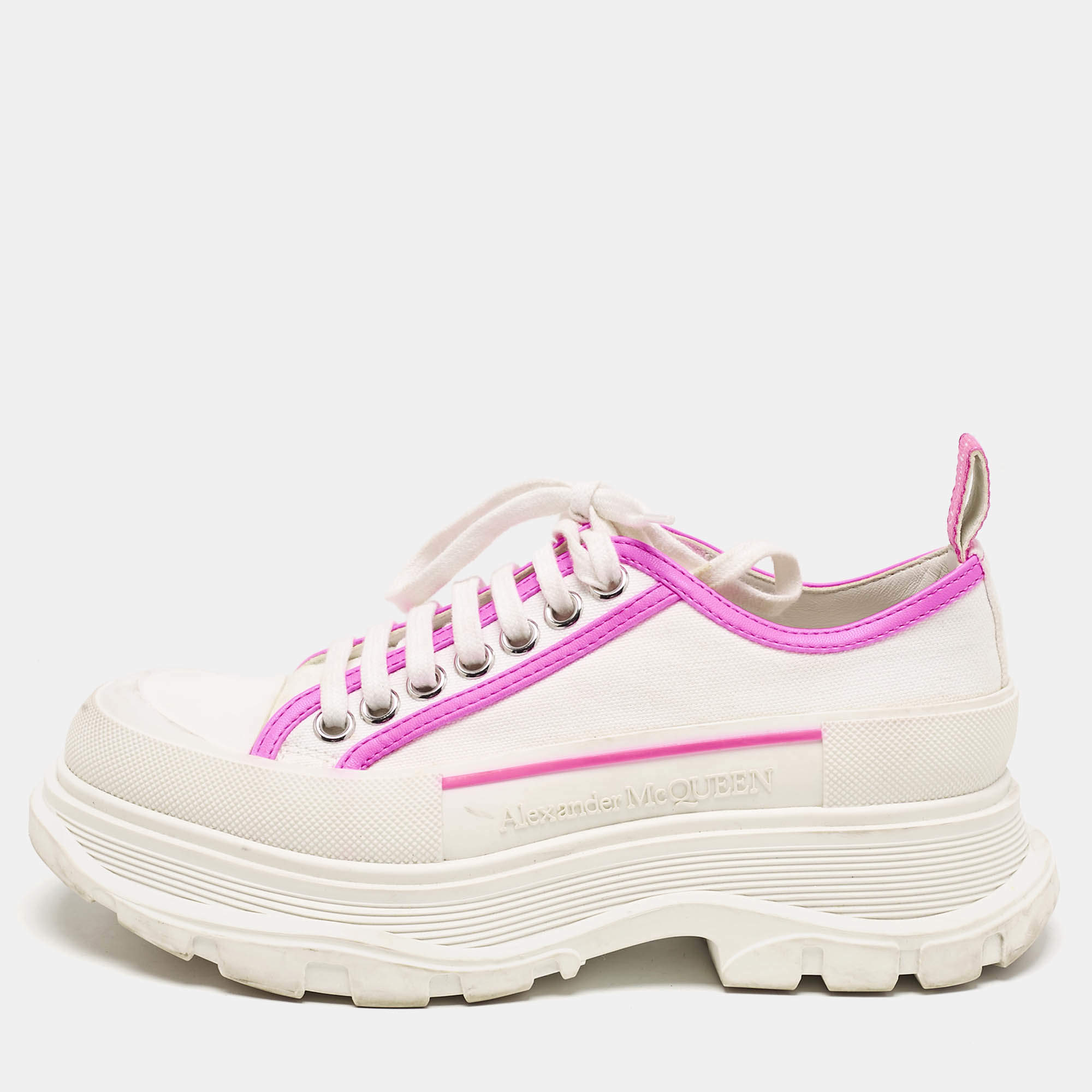 Alexander McQueen White/Neon Pink Canvas and Leather Slick Chunky Sneakers Size 38.5