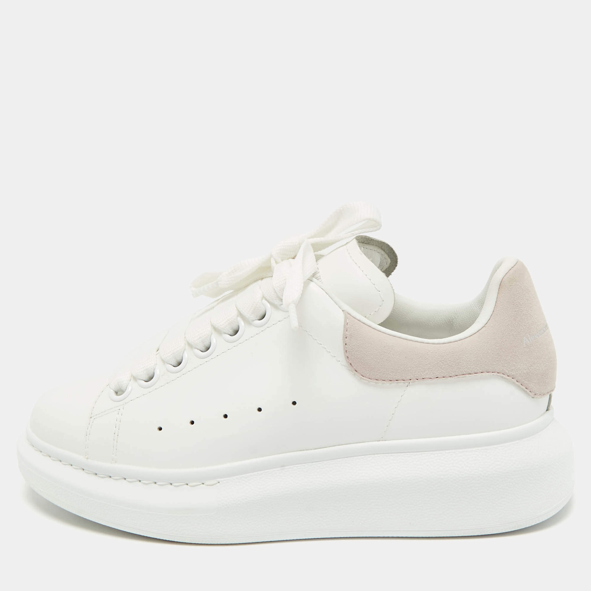 Pre Owned Alexander McQueen White/Pink Leather and Suede Larry Low Top Sneakers Size 35.5