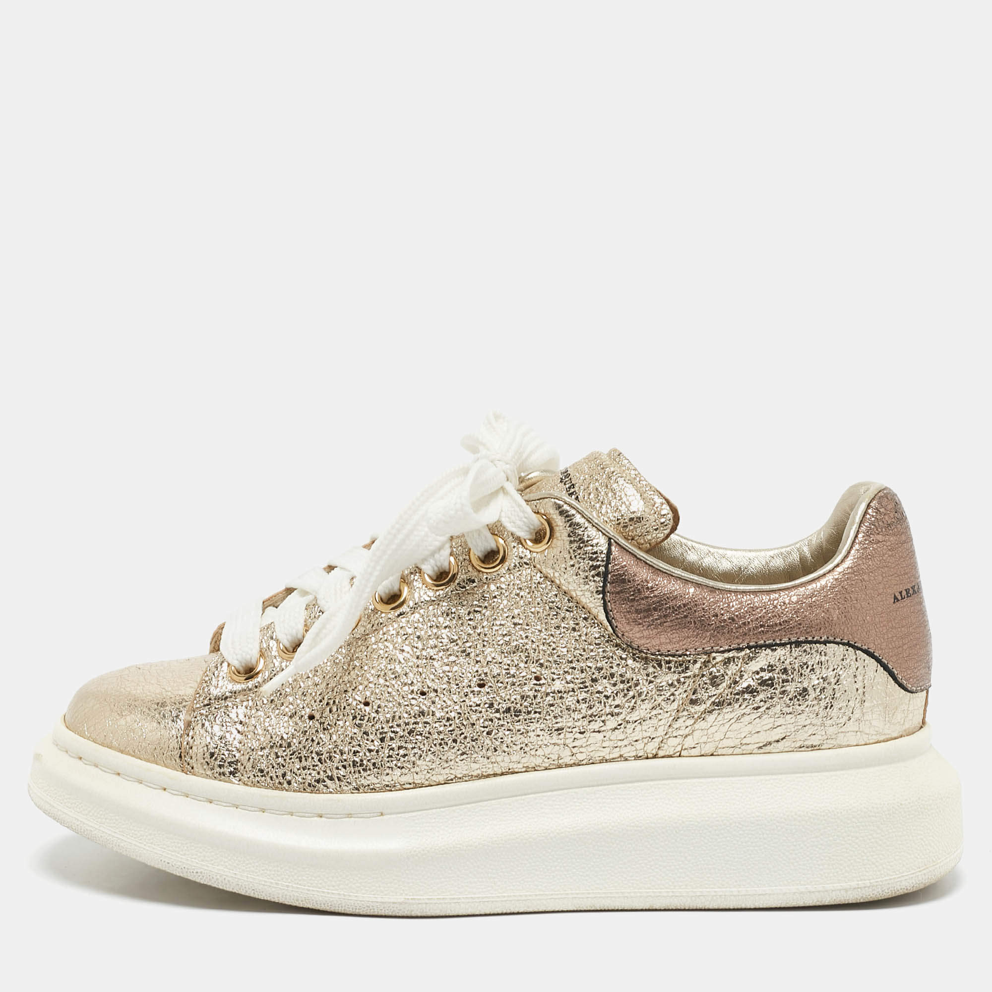 Alexander McQueen Gold Foil Leather Oversized Low Top Sneakers Size 39..5