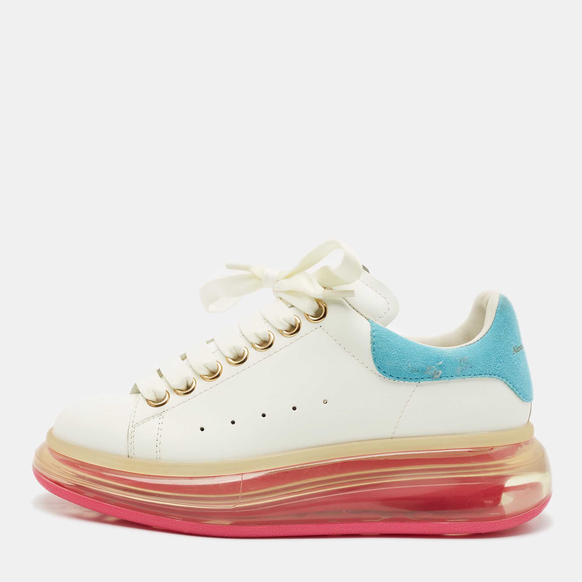 Pre Owned Alexander McQueen Blue/White Leather and Suede Oversized Lace Up Sneakers Size 35.5