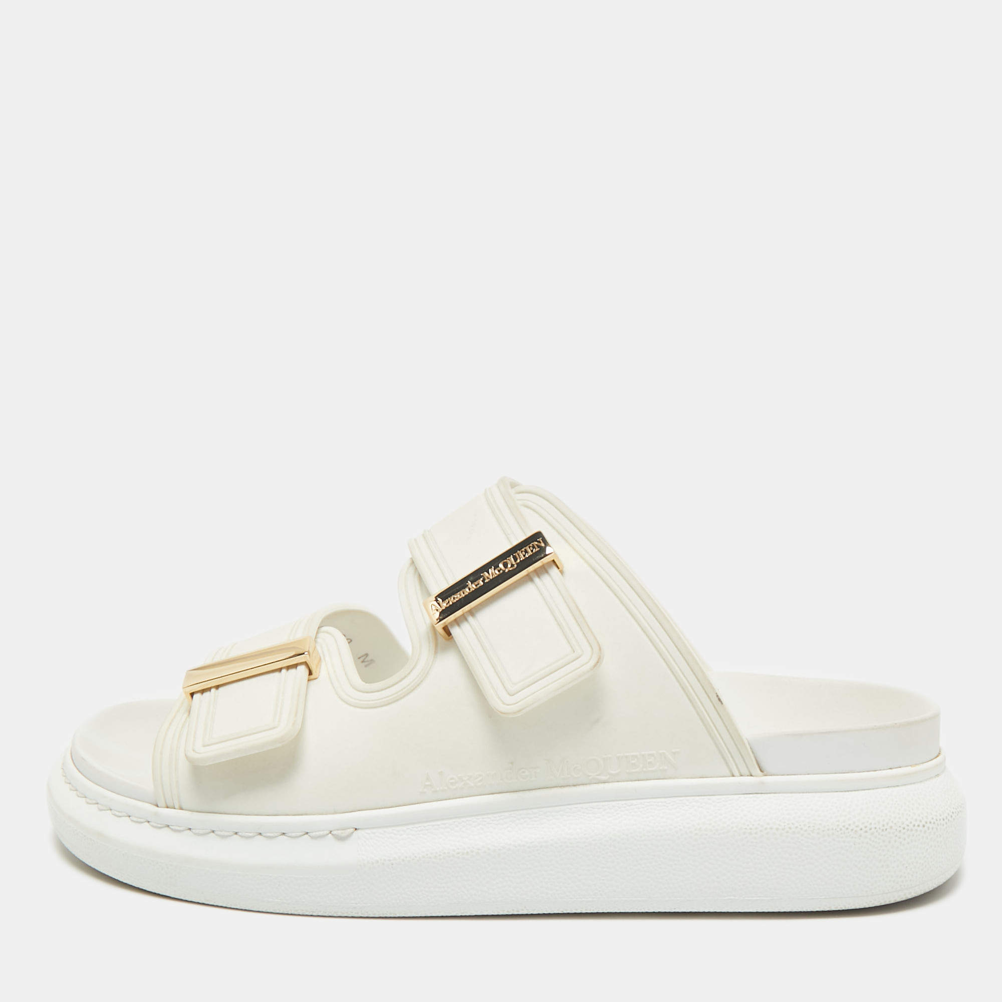 Pre Owned Alexander McQueen White Rubber Hybrid Chelsea Flat Sandals Size 38