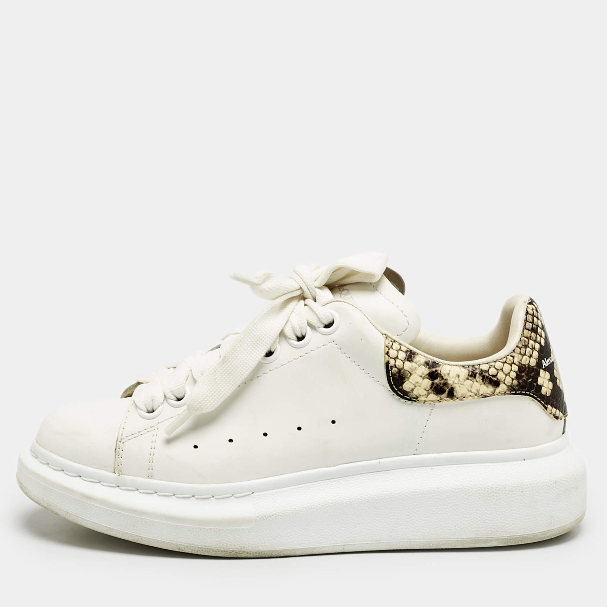 Alexander McQueen White/Beige Python Embossed Leather and Leather Oversized Sneakers Size 36