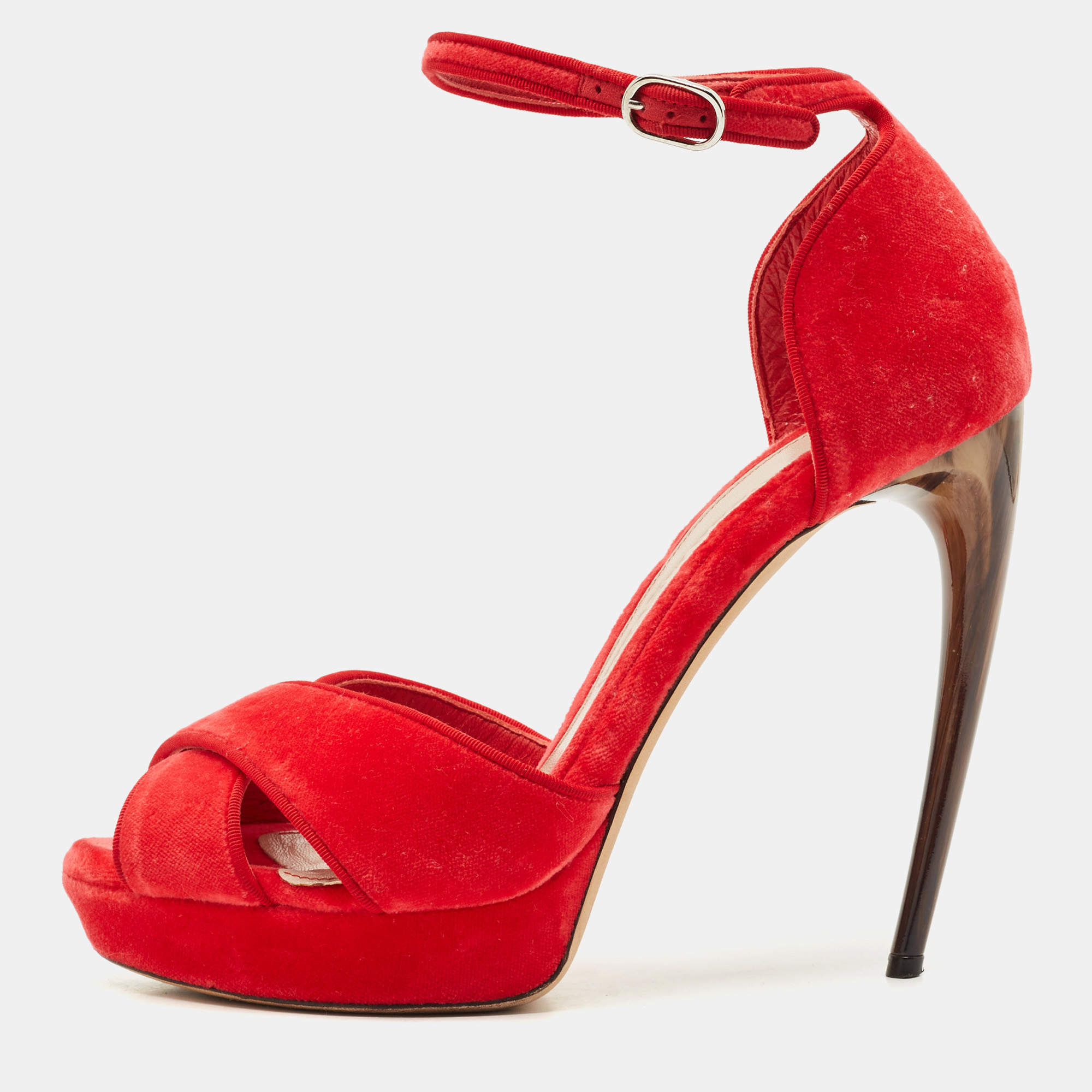 Alexander McQueen Red Velvet Horn Heel Ankle Strap Platform Sandals Size 38