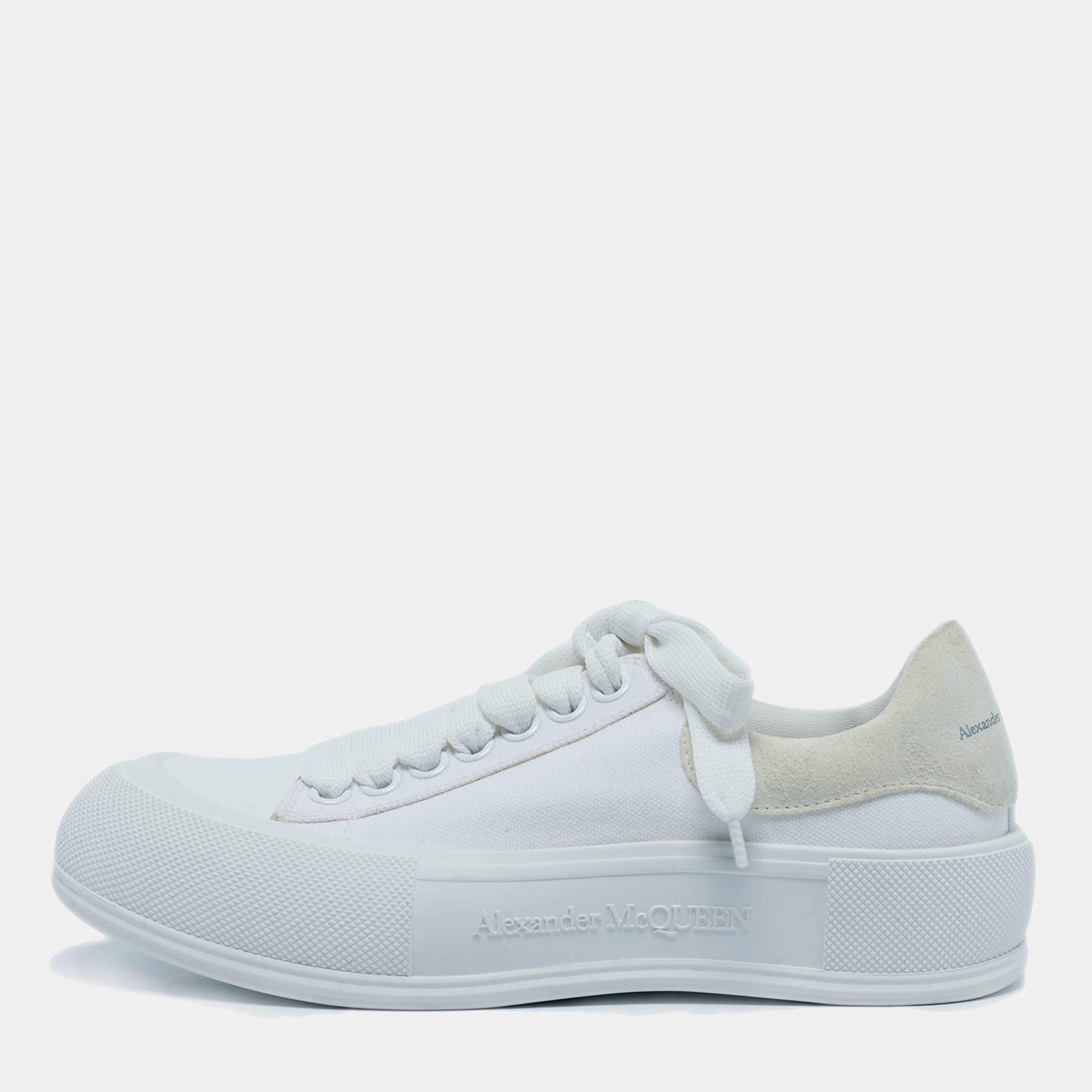 Pre Owned Alexander McQueen White Canvas and Suede Deck Plimsoll Lace Up Sneakers Size 38