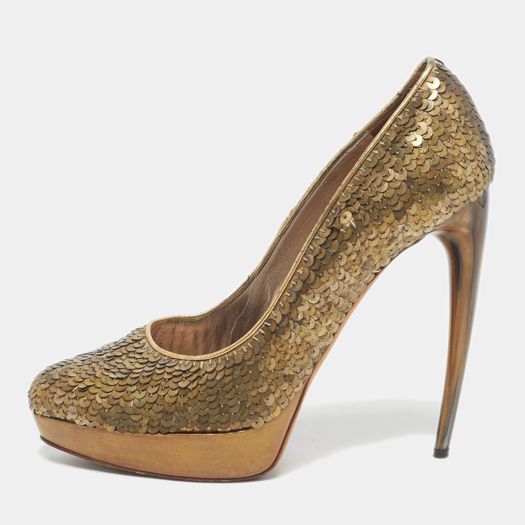Pre Owned Alexander McQueen Gold Sequins Horn Heel Platform Pumps Size 40